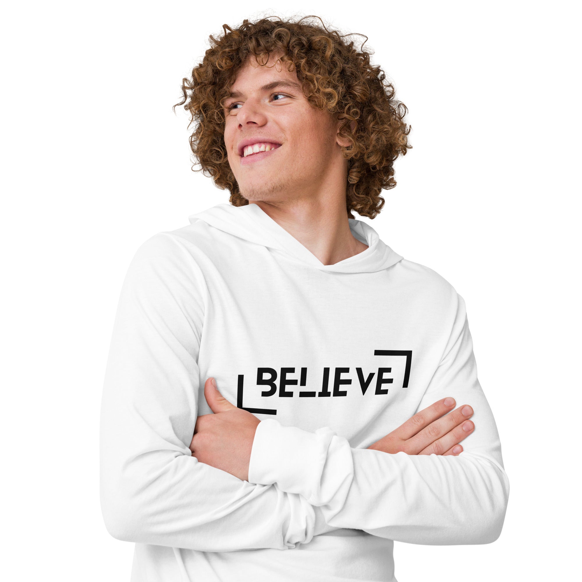 Unisex Hooded Long-Sleeve Tee | Believe Hooded long-sleeve tee AwRans Clothing unisex-hooded-long-sleeve-tee-white-right-front-67f00c9ca23e7