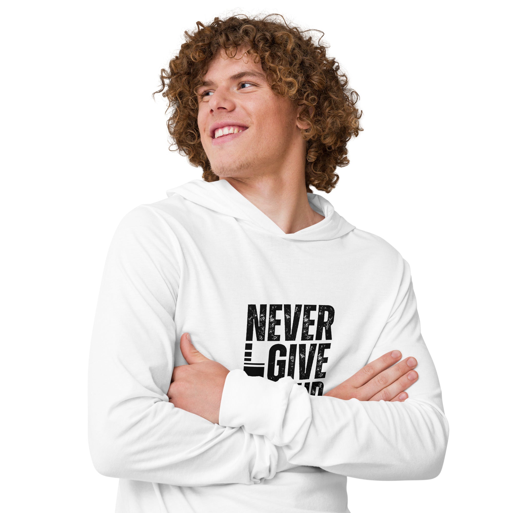 Unisex Hooded Long-Sleeve Tee | Never Give Up Hooded long-sleeve tee AwRans Clothing unisex-hooded-long-sleeve-tee-white-right-front-67f00ce4d8b1c