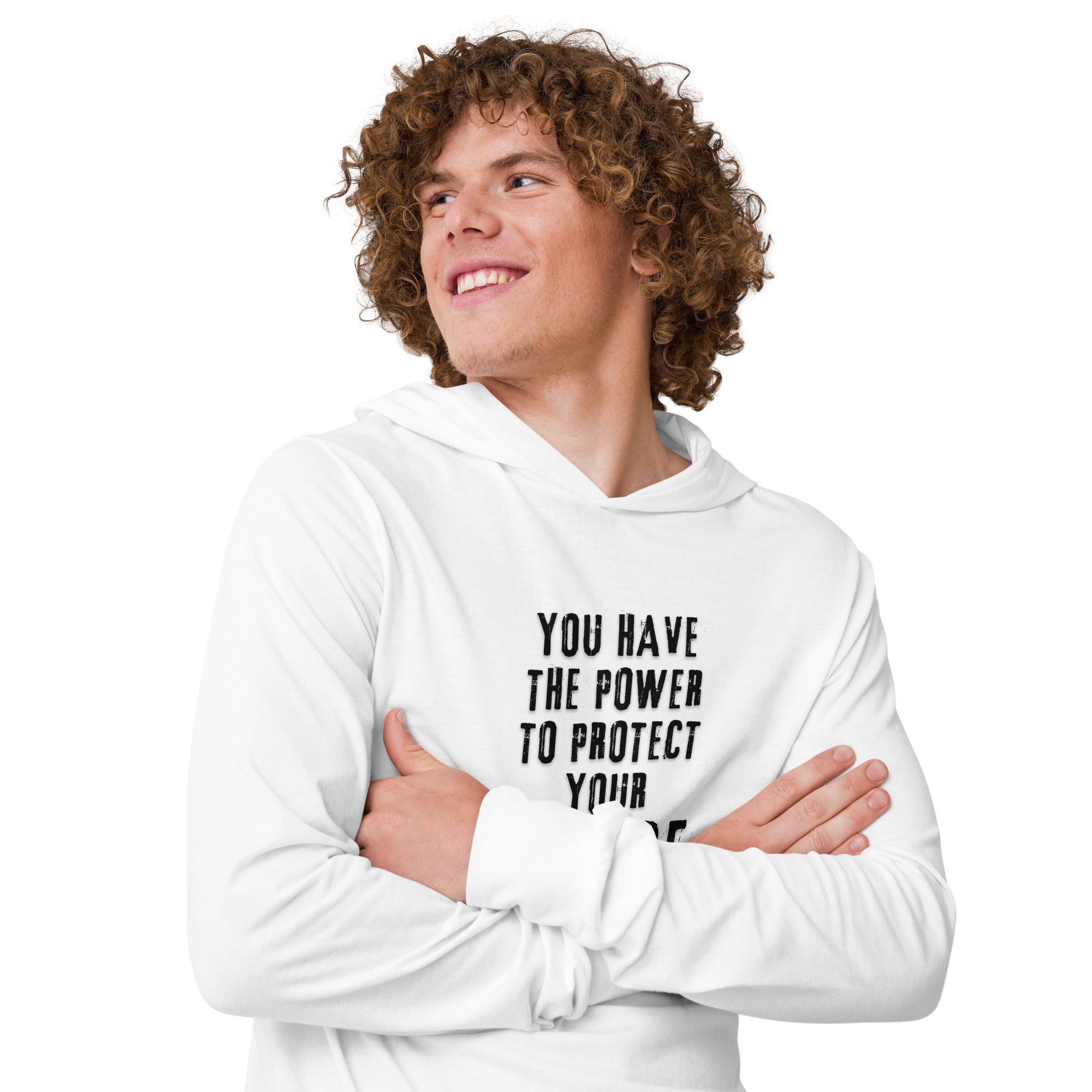 Unisex Hooded Long-Sleeve Tee | You Have The Power To Protect Your Peace Hooded long-sleeve tee AwRans Clothing unisex-hooded-long-sleeve-tee-white-right-front-67f00d4b4a6ce