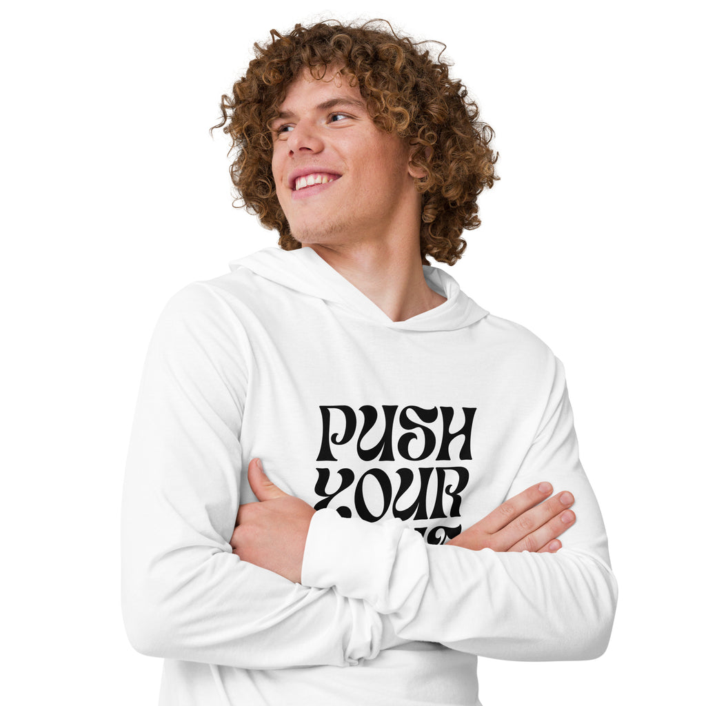 Unisex Hooded Long-Sleeve Tee | Push Your Limits Hooded long-sleeve tee AwRans Clothing unisex-hooded-long-sleeve-tee-white-right-front-67f00e6e57801