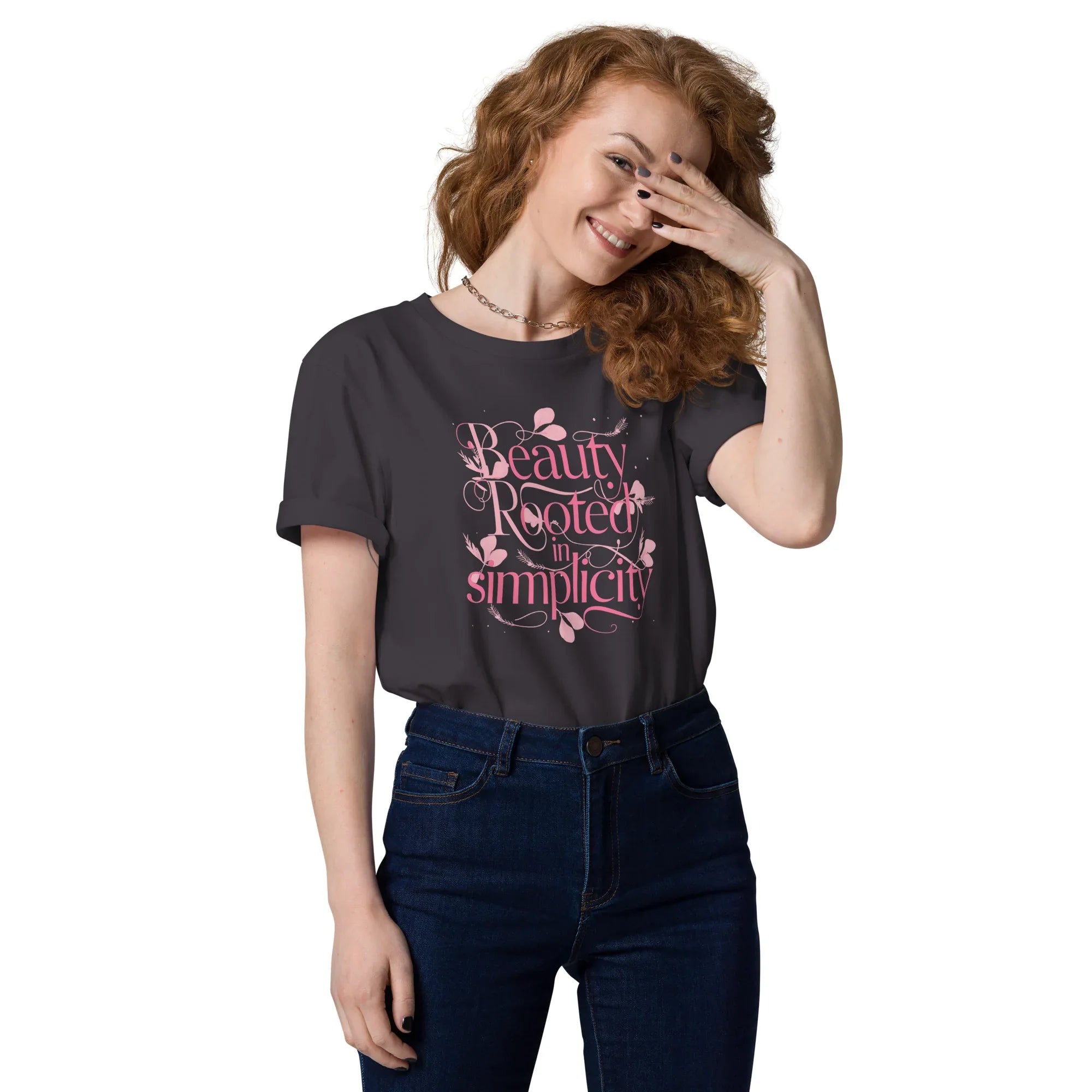 Women's Organic Cotton T-Shirt | Beauty Rooted In Simplicity Anthracite T-Shirt AwRans Clothing unisex-organic-cotton-t-shirt-anthracite-front-67b198227cf7e