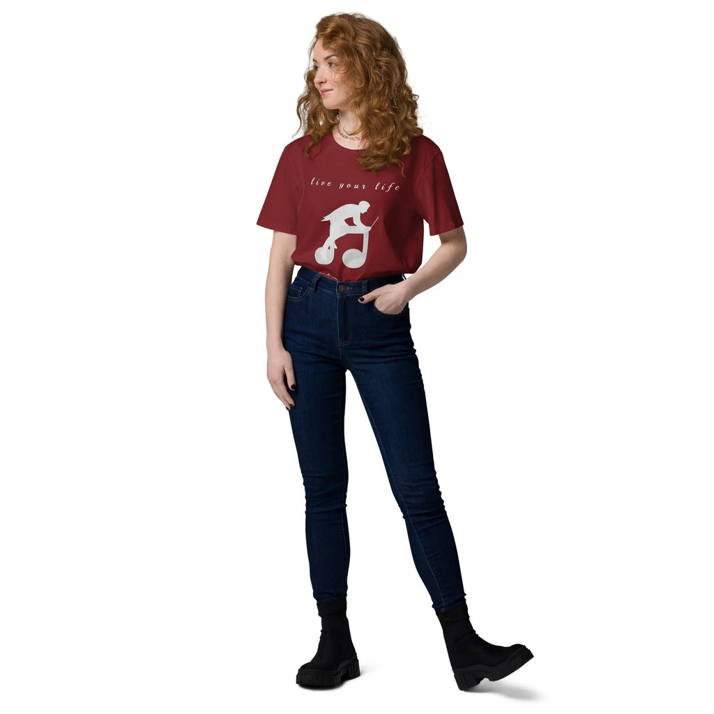 Unisex Organic Cotton T-Shirt | Live Your Life Don’t Imagine It T-Shirt AwRans Clothing unisex-organic-cotton-t-shirt-burgundy-front-2-6815eaa2662ef