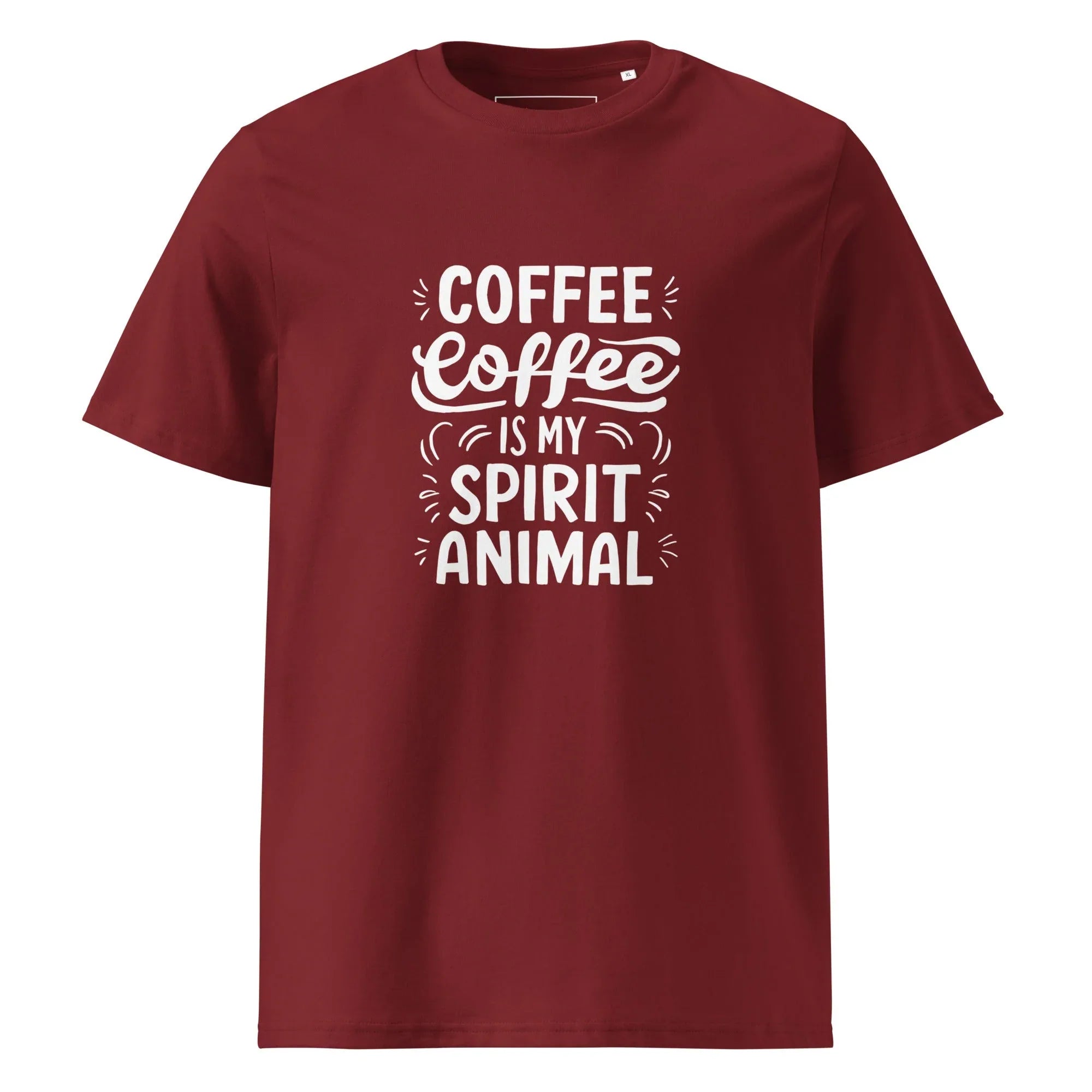 Unisex | Coffee Is My Spirit Animal Organic Cotton T-Shirt Burgundy T-Shirt AwRans Clothing unisex-organic-cotton-t-shirt-burgundy-front-666595aebbfd2