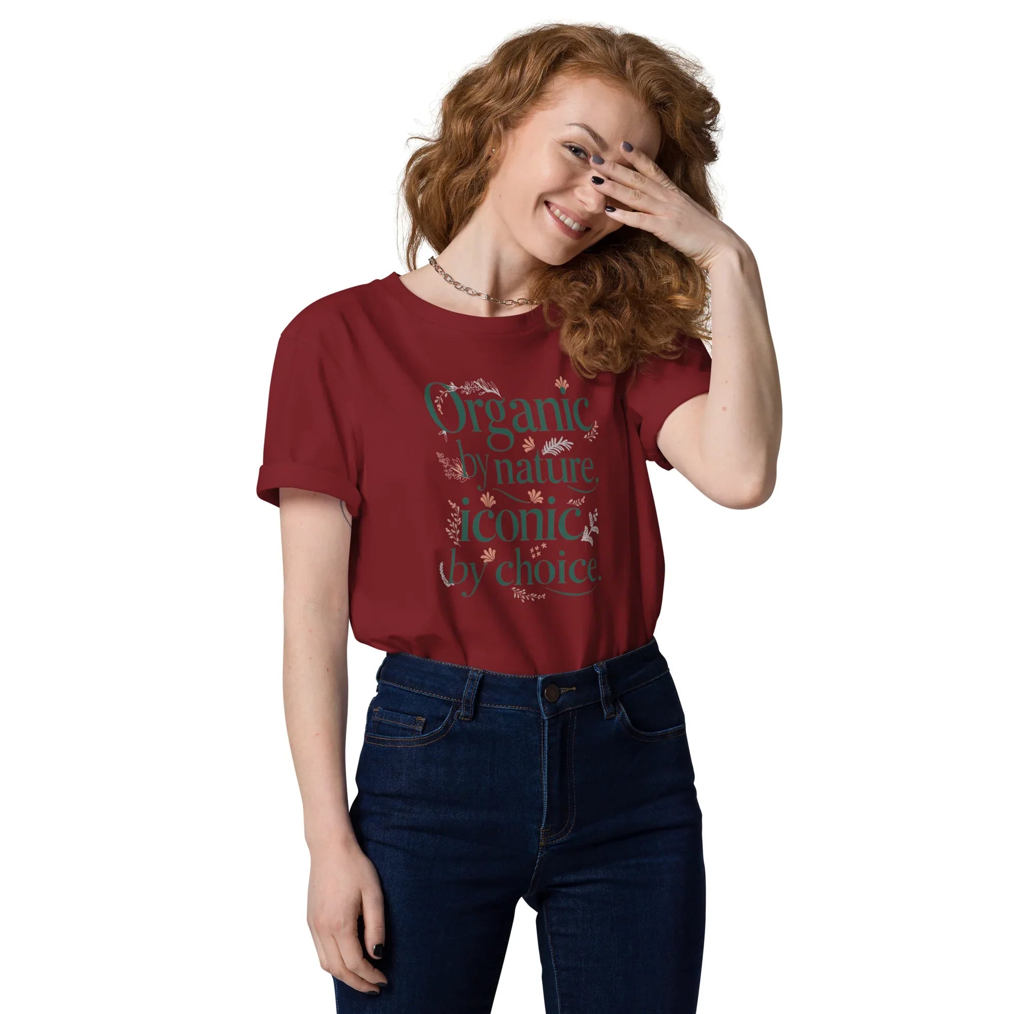 Women's Organic Cotton T-Shirt | Organic By Nature,Iconic By Choice Burgundy T-Shirt AwRans Clothing unisex-organic-cotton-t-shirt-burgundy-front-67b19bb4a2310
