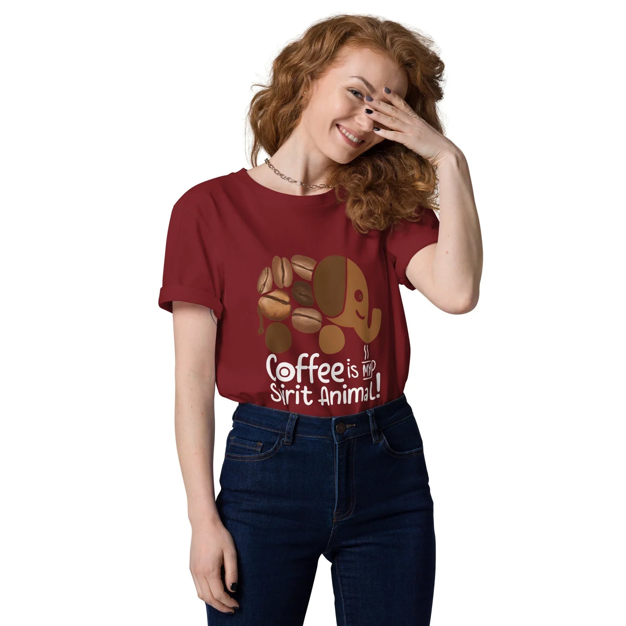 Unisex | Coffee Is My Spirit Animal Organic Cotton T-Shirt Burgundy T-Shirt AwRans Clothing unisex-organic-cotton-t-shirt-burgundy-front-681682c3c3f7e