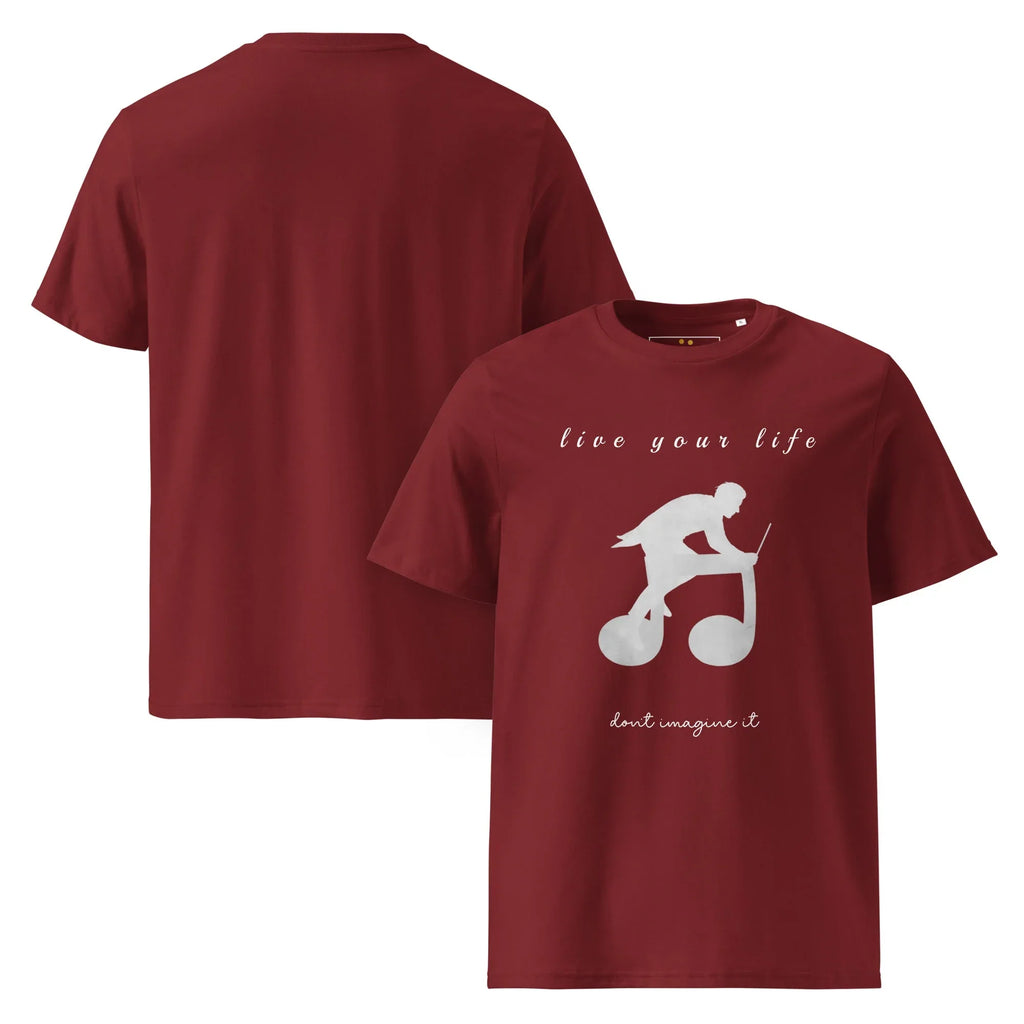 Unisex Organic Cotton T-Shirt | Live Your Life Don’t Imagine It T-Shirt AwRans Clothing unisex-organic-cotton-t-shirt-burgundy-front-and-back-6815eaa22a476