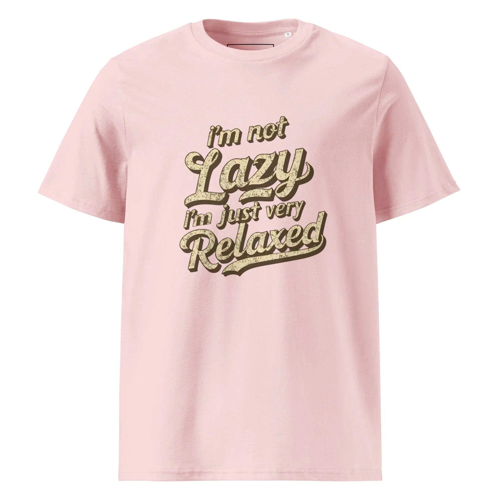 Unisex | I'm Not Lazy I'm Just Relaxed Organic Cotton T-Shirt Cotton Pink T-Shirt AwRans Clothing unisex-organic-cotton-t-shirt-cotton-pink-front-665d2fc567753