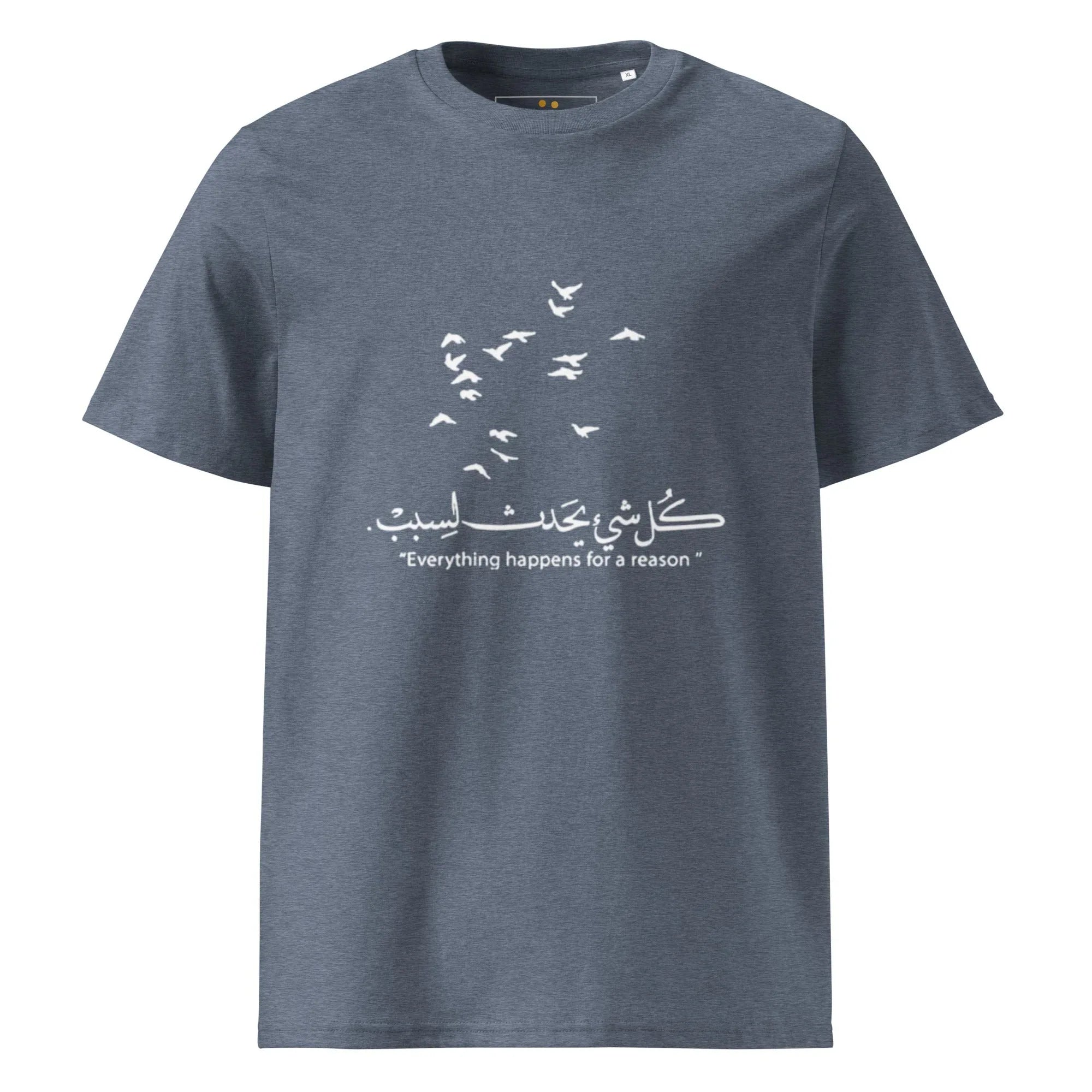 ARABIC Unisex | Everything Happens For A Reason Organic Cotton T-Shirt Dark Heather Blue T-Shirt AwRans Clothing unisex-organic-cotton-t-shirt-dark-heather-blue-front-66504571609d8