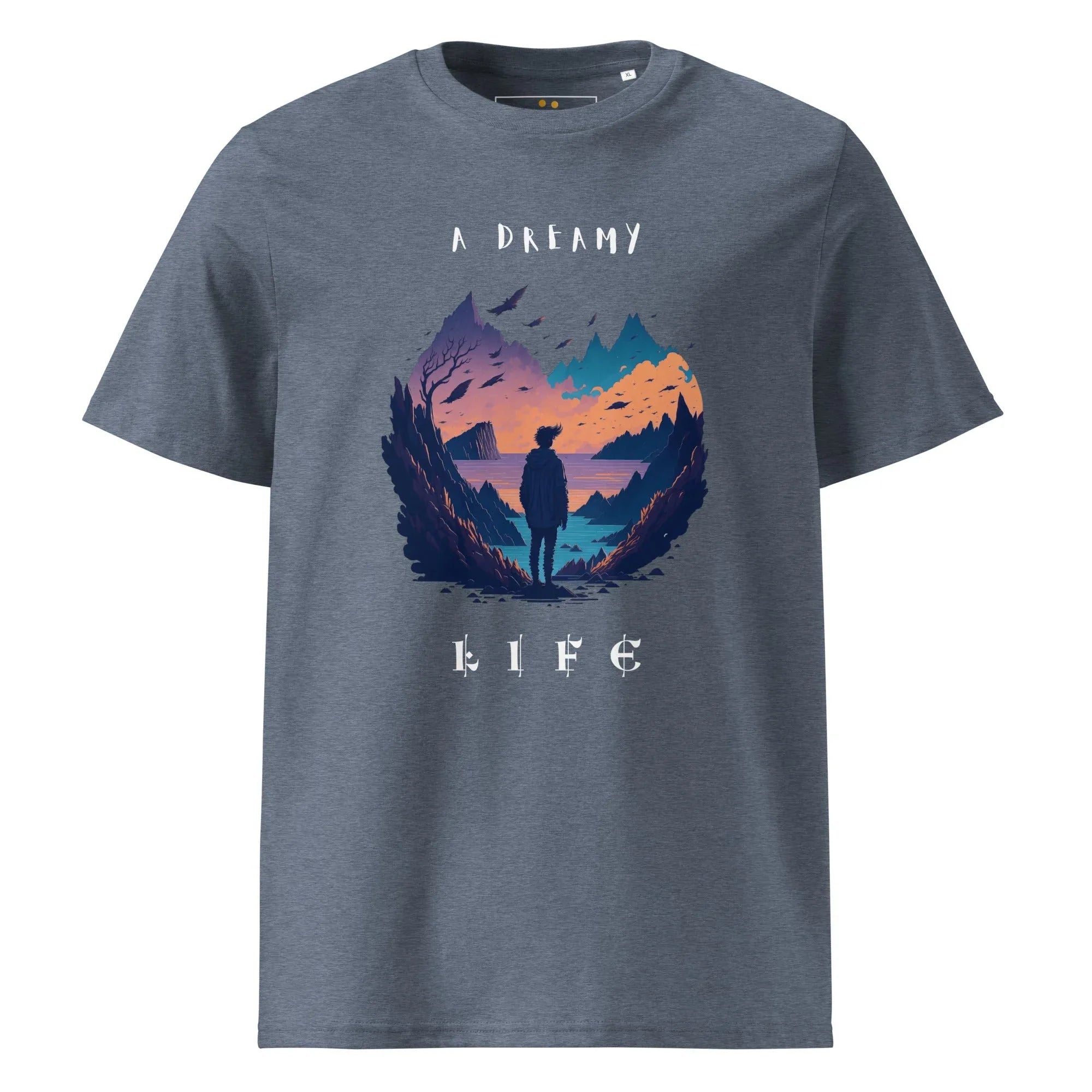 Unisex | A Dreamy Life Organic Cotton T-Shirt Dark Heather Blue T-Shirt AwRans Clothing unisex-organic-cotton-t-shirt-dark-heather-blue-front-665461d3c4b73