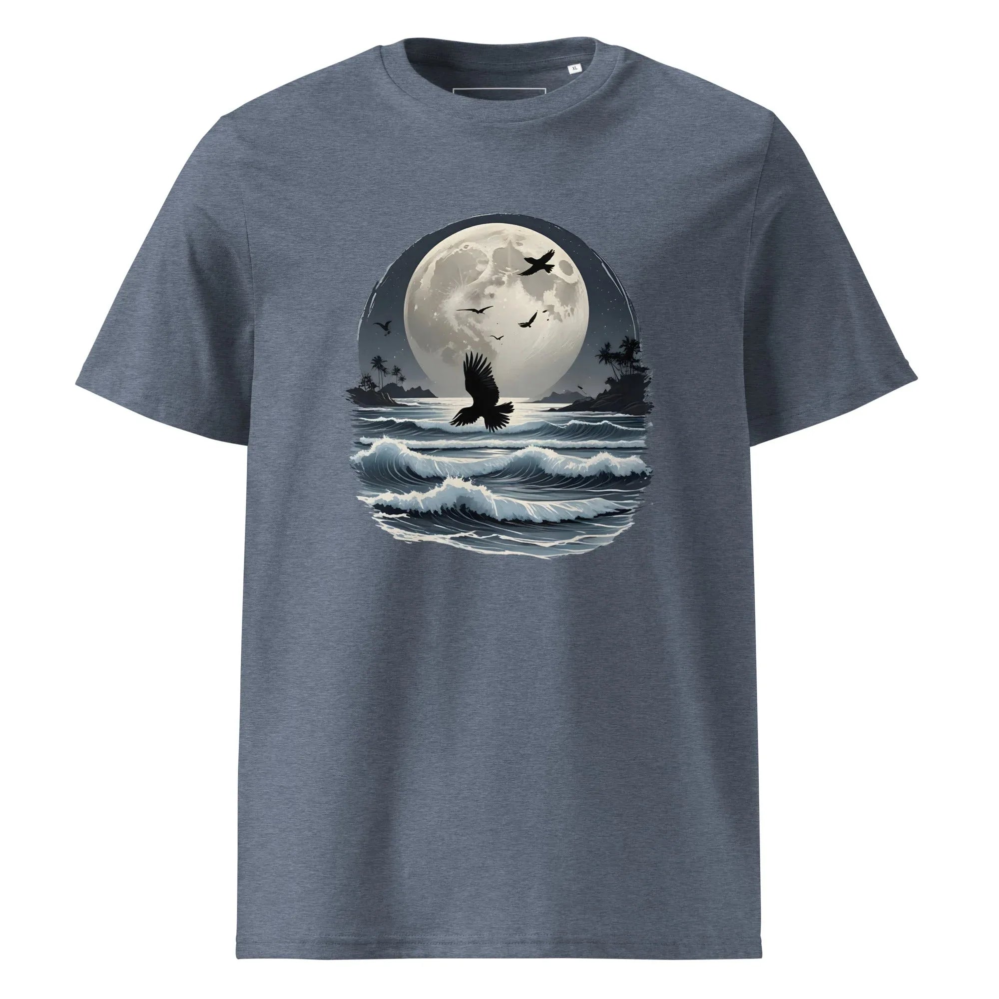 Unisex | Moonlight, Crow, Beach - Organic Cotton T-Shirt Dark Heather Blue T-Shirt AwRans Clothing unisex-organic-cotton-t-shirt-dark-heather-blue-front-6663f47b6acee