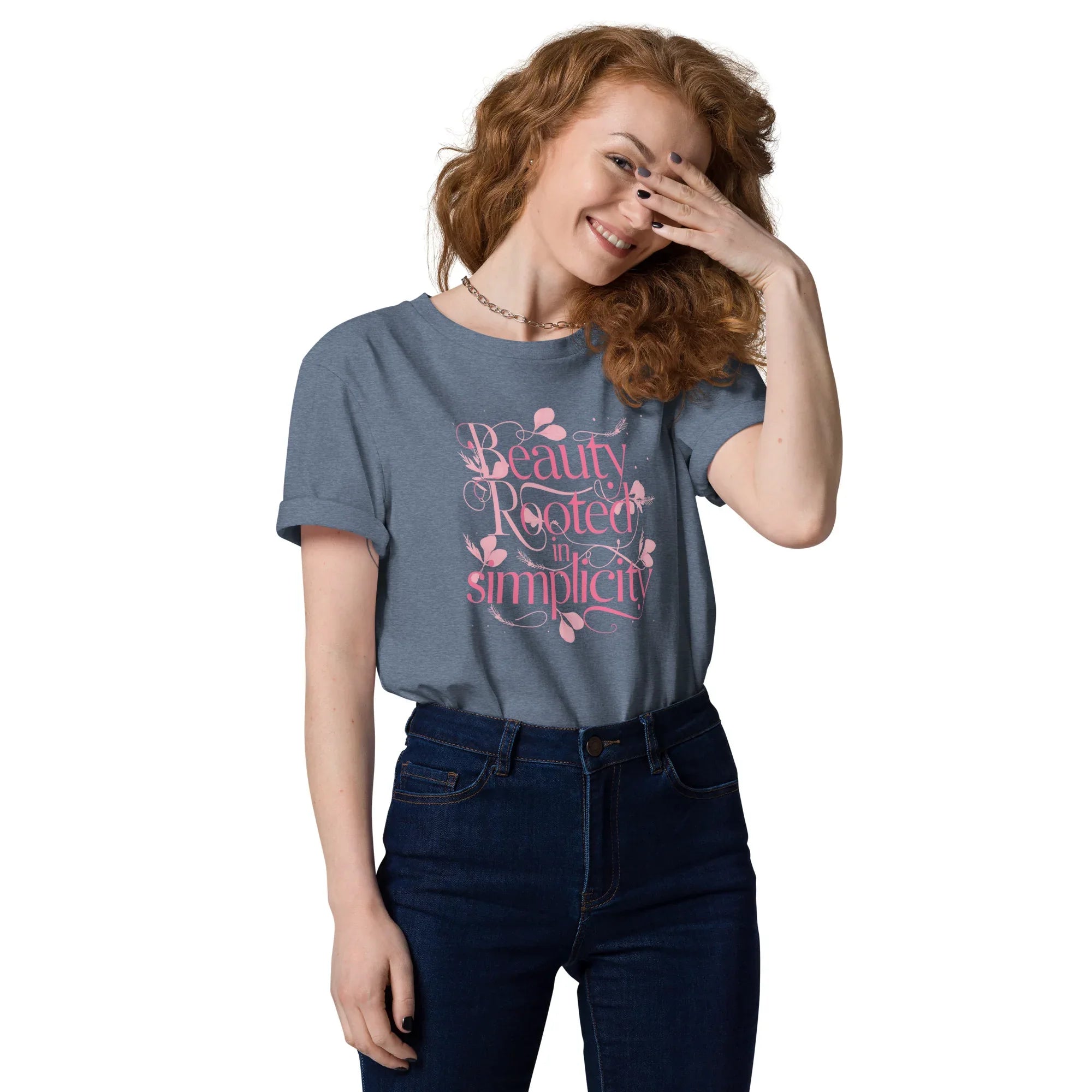 Women's Organic Cotton T-Shirt | Beauty Rooted In Simplicity Dark Heather Blue T-Shirt AwRans Clothing unisex-organic-cotton-t-shirt-dark-heather-blue-front-67b198229e901