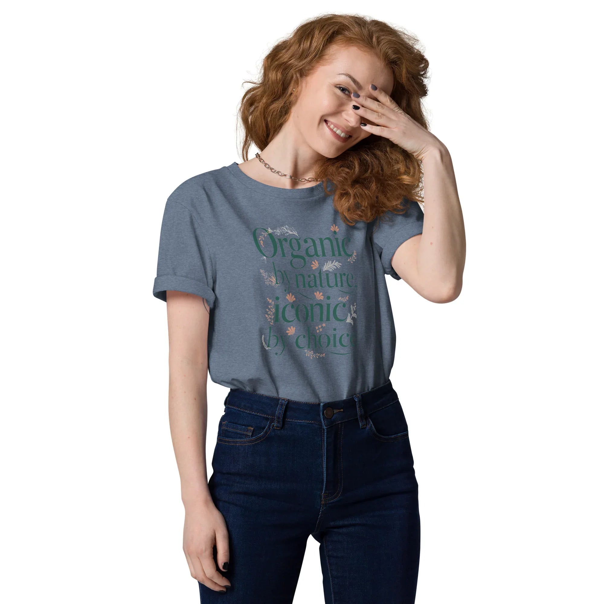 Women's Organic Cotton T-Shirt | Organic By Nature,Iconic By Choice Dark Heather Blue T-Shirt AwRans Clothing unisex-organic-cotton-t-shirt-dark-heather-blue-front-67b19bb4d66ad