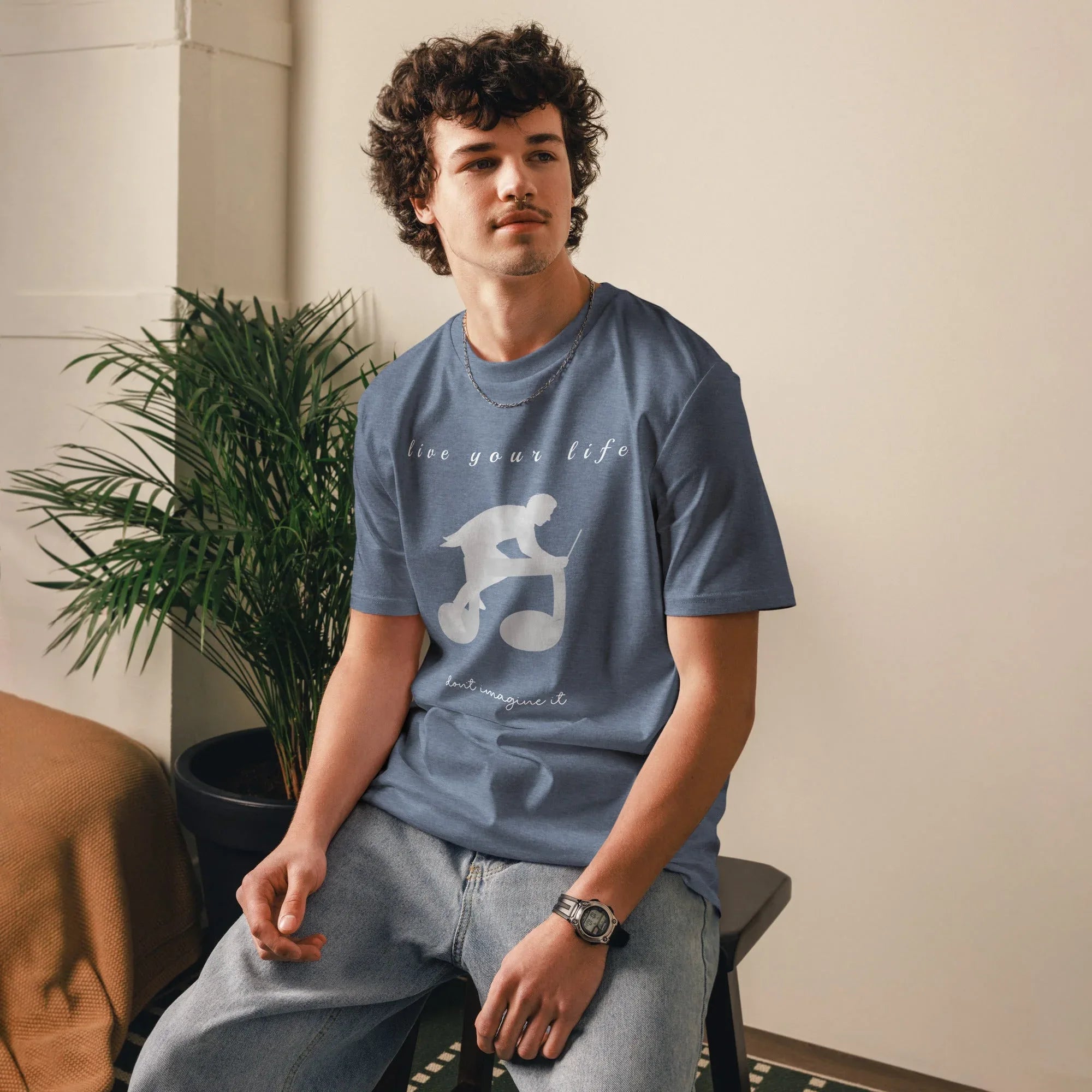 Unisex Organic Cotton T-Shirt | Live Your Life Don’t Imagine It T-Shirt AwRans Clothing unisex-organic-cotton-t-shirt-dark-heather-blue-front-6815eaa230968