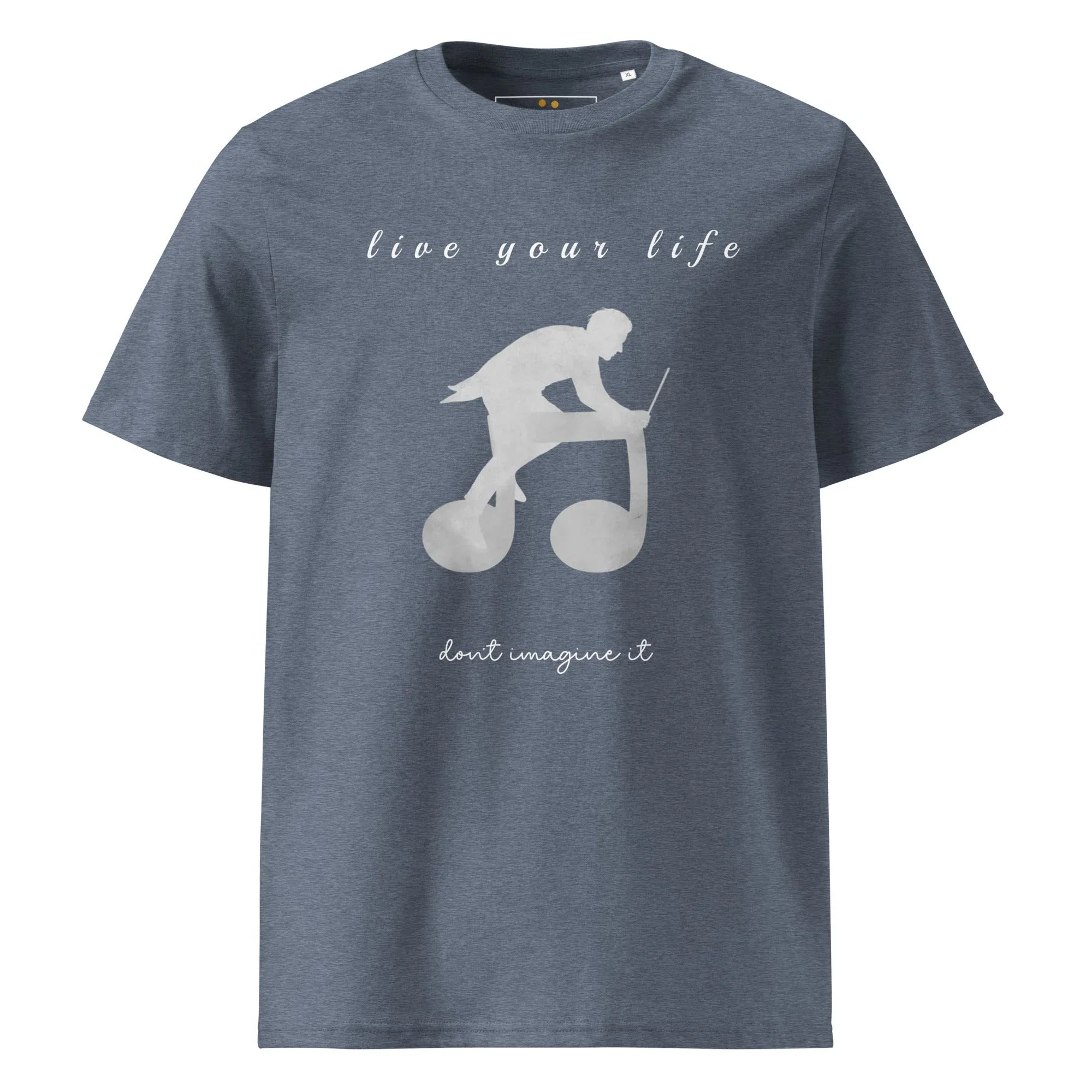 Unisex Organic Cotton T-Shirt | Live Your Life Don’t Imagine It T-Shirt AwRans Clothing unisex-organic-cotton-t-shirt-dark-heather-blue-front-6815eaa23c920