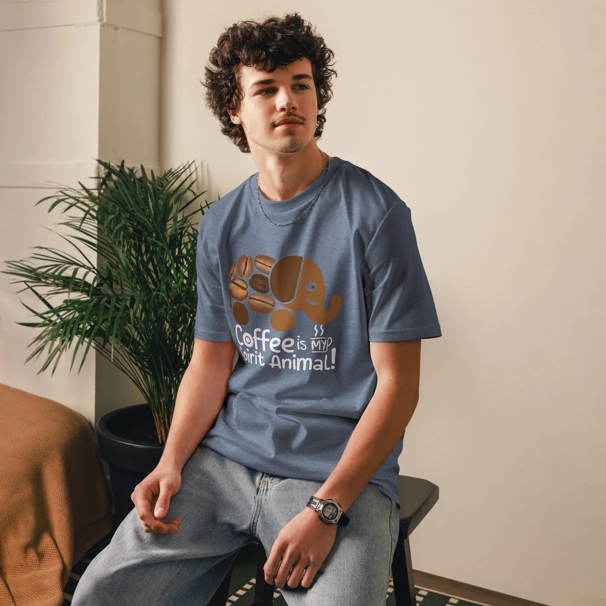 Unisex | Coffee Is My Spirit Animal Organic Cotton T-Shirt T-Shirt AwRans Clothing unisex-organic-cotton-t-shirt-dark-heather-blue-front-68169ea71fed1