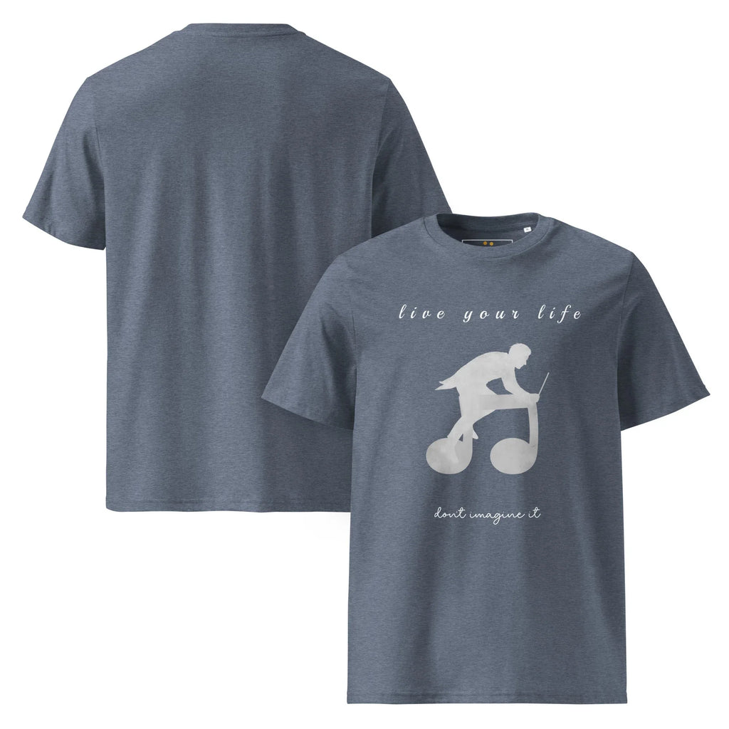 Unisex Organic Cotton T-Shirt | Live Your Life Don’t Imagine It T-Shirt AwRans Clothing unisex-organic-cotton-t-shirt-dark-heather-blue-front-and-back-6815eaa236ac0