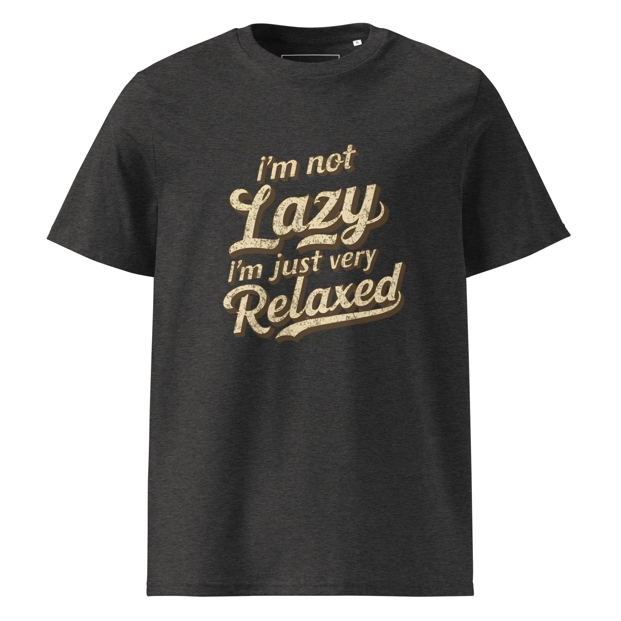 Unisex | I'm Not Lazy I'm Just Relaxed Organic Cotton T-Shirt Dark Heather Grey T-Shirt AwRans Clothing unisex-organic-cotton-t-shirt-dark-heather-grey-front-665d2fc463379