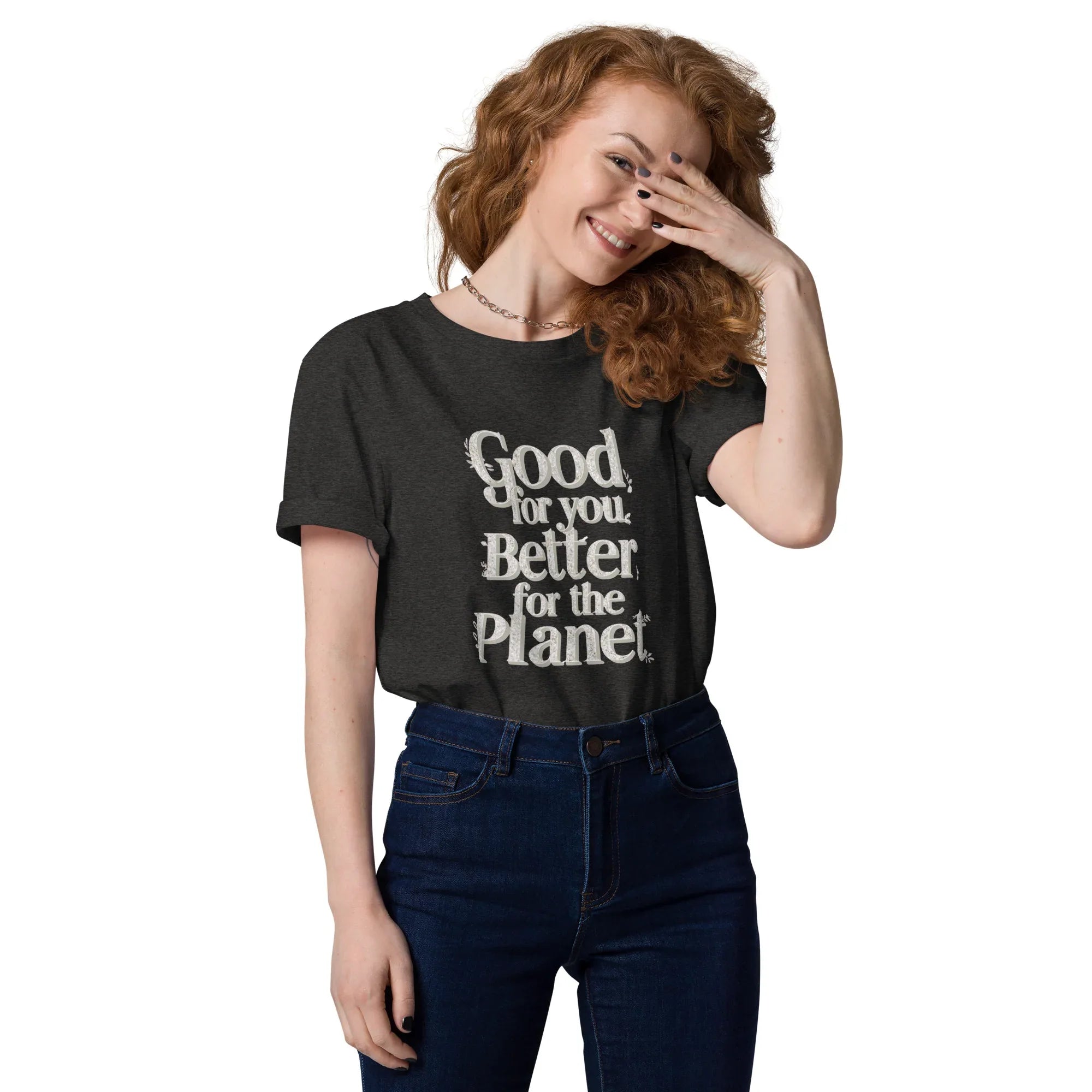 Women's Organic Cotton T-Shirt | Good For You,Better For The Planet Dark Heather Grey T-Shirt AwRans Clothing unisex-organic-cotton-t-shirt-dark-heather-grey-front-67b19b0c605af