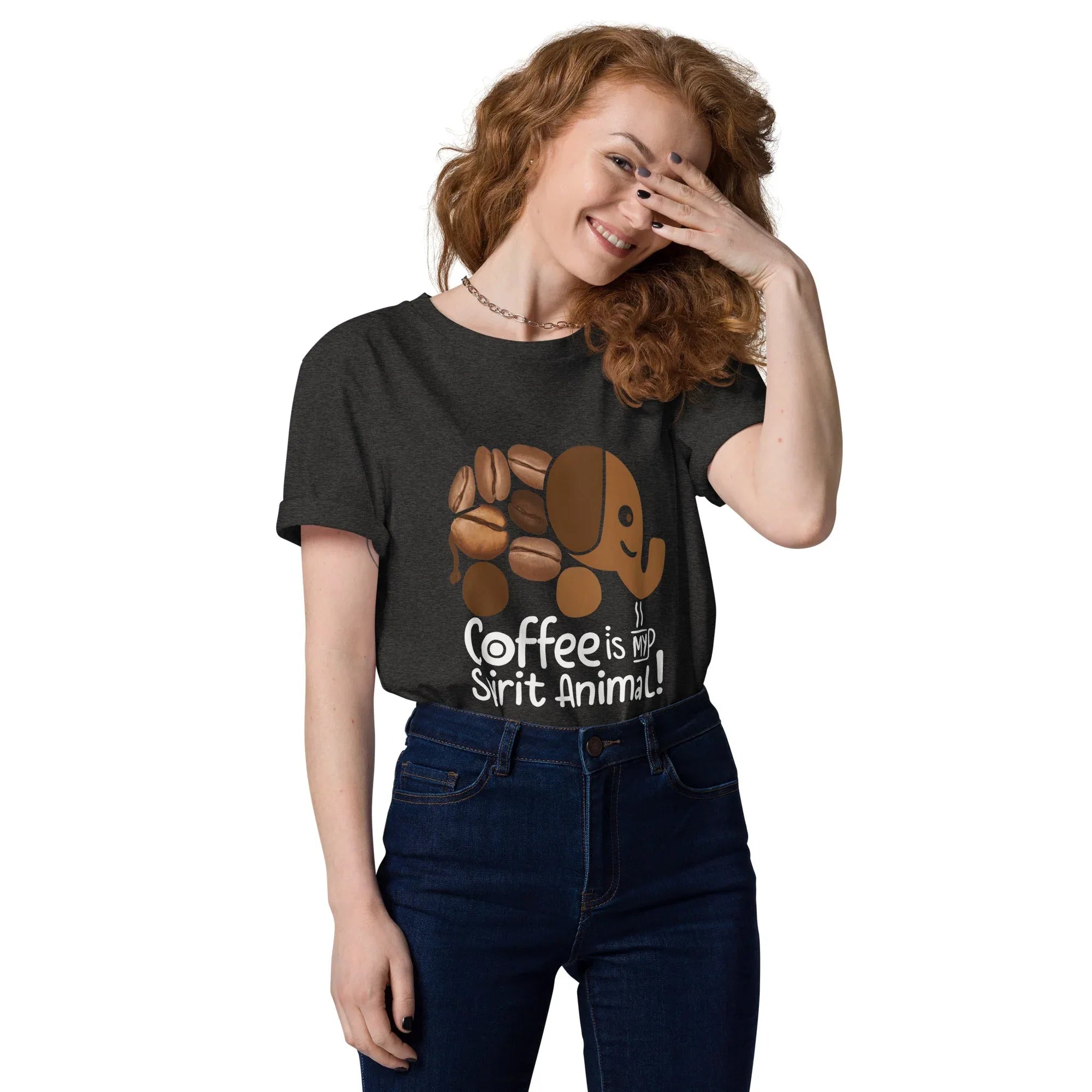 Unisex | Coffee Is My Spirit Animal Organic Cotton T-Shirt Dark Heather Grey T-Shirt AwRans Clothing unisex-organic-cotton-t-shirt-dark-heather-grey-front-681682c3bc6a2