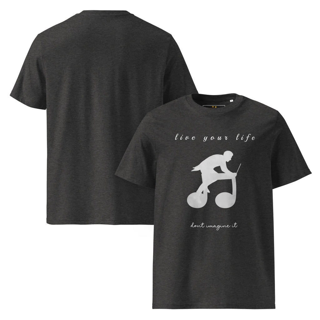 Unisex Organic Cotton T-Shirt | Live Your Life Don’t Imagine It T-Shirt AwRans Clothing unisex-organic-cotton-t-shirt-dark-heather-grey-front-and-back-6815eaa24271d