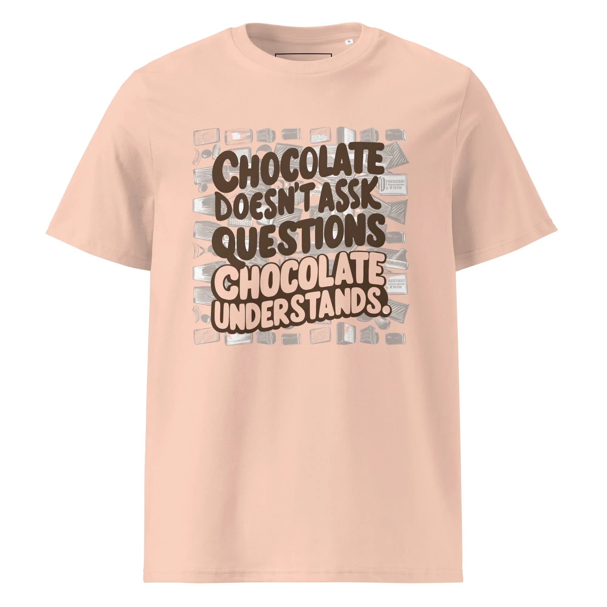 Unisex | Chocolate Doesn't Ask Questions Chocolate Understands Organic Cotton T-Shirt Fraiche Peche T-Shirt AwRans Clothing unisex-organic-cotton-t-shirt-fraiche-peche-front-665d369a54386