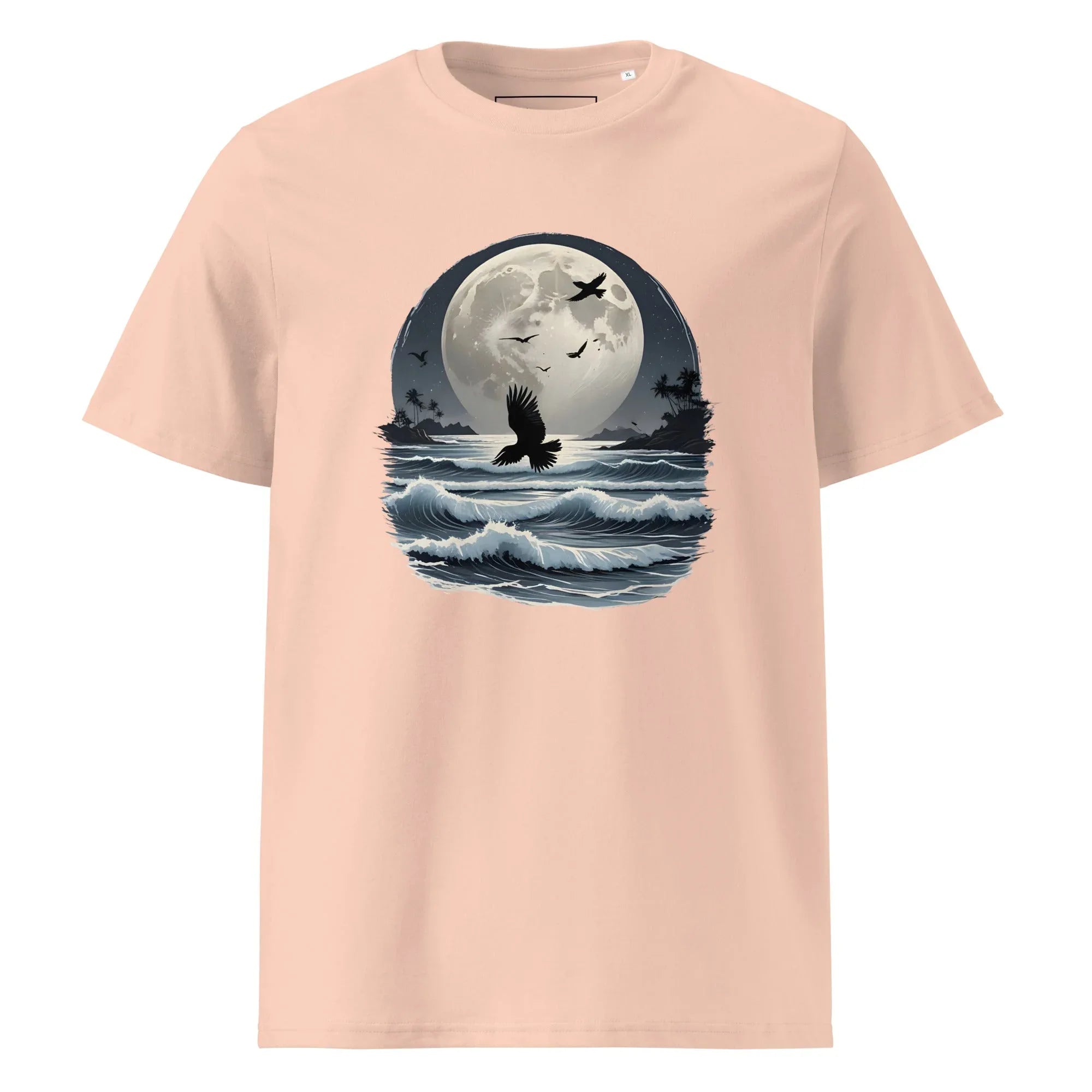 Unisex | Moonlight, Crow, Beach - Organic Cotton T-Shirt Fraiche Peche T-Shirt AwRans Clothing unisex-organic-cotton-t-shirt-fraiche-peche-front-6663f47c13760