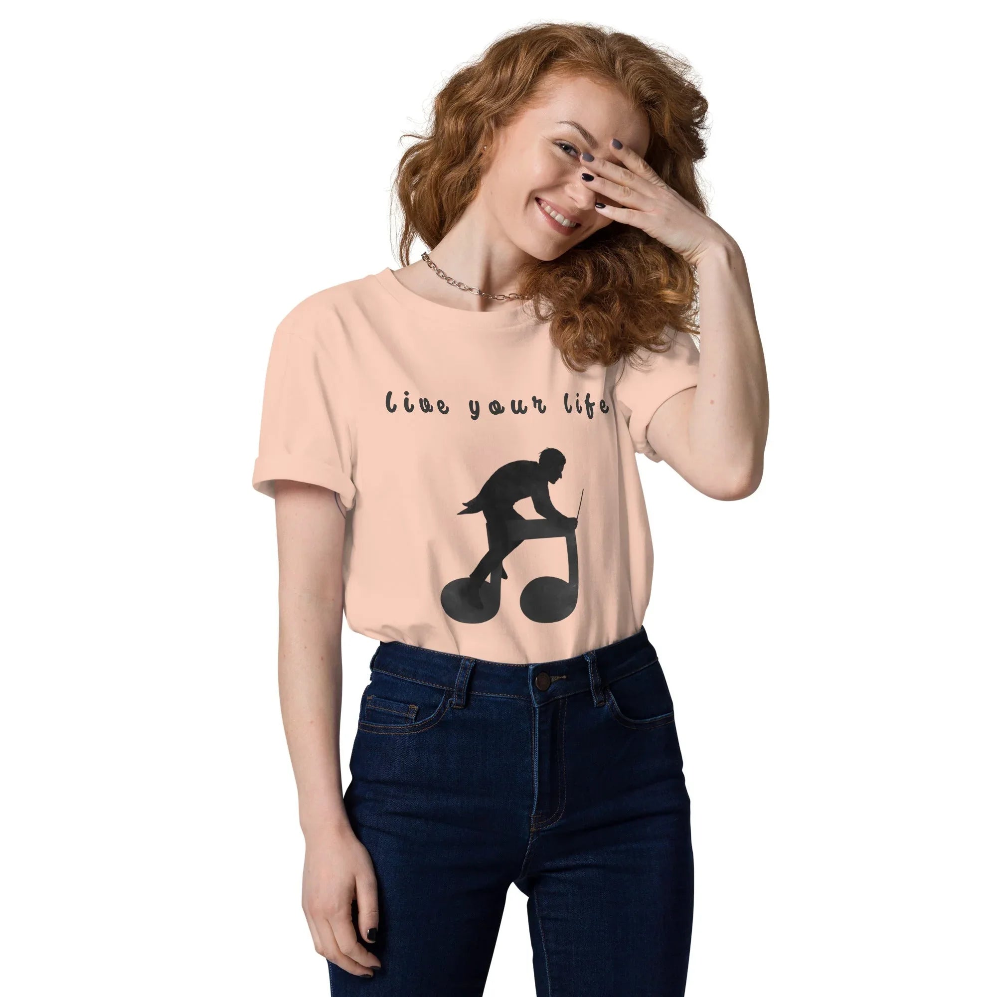 Unisex Organic Cotton T-Shirt | Live Your Life Don’t Imagine It Fraiche Peche T-Shirt AwRans Clothing unisex-organic-cotton-t-shirt-fraiche-peche-front-6815fdfeed736