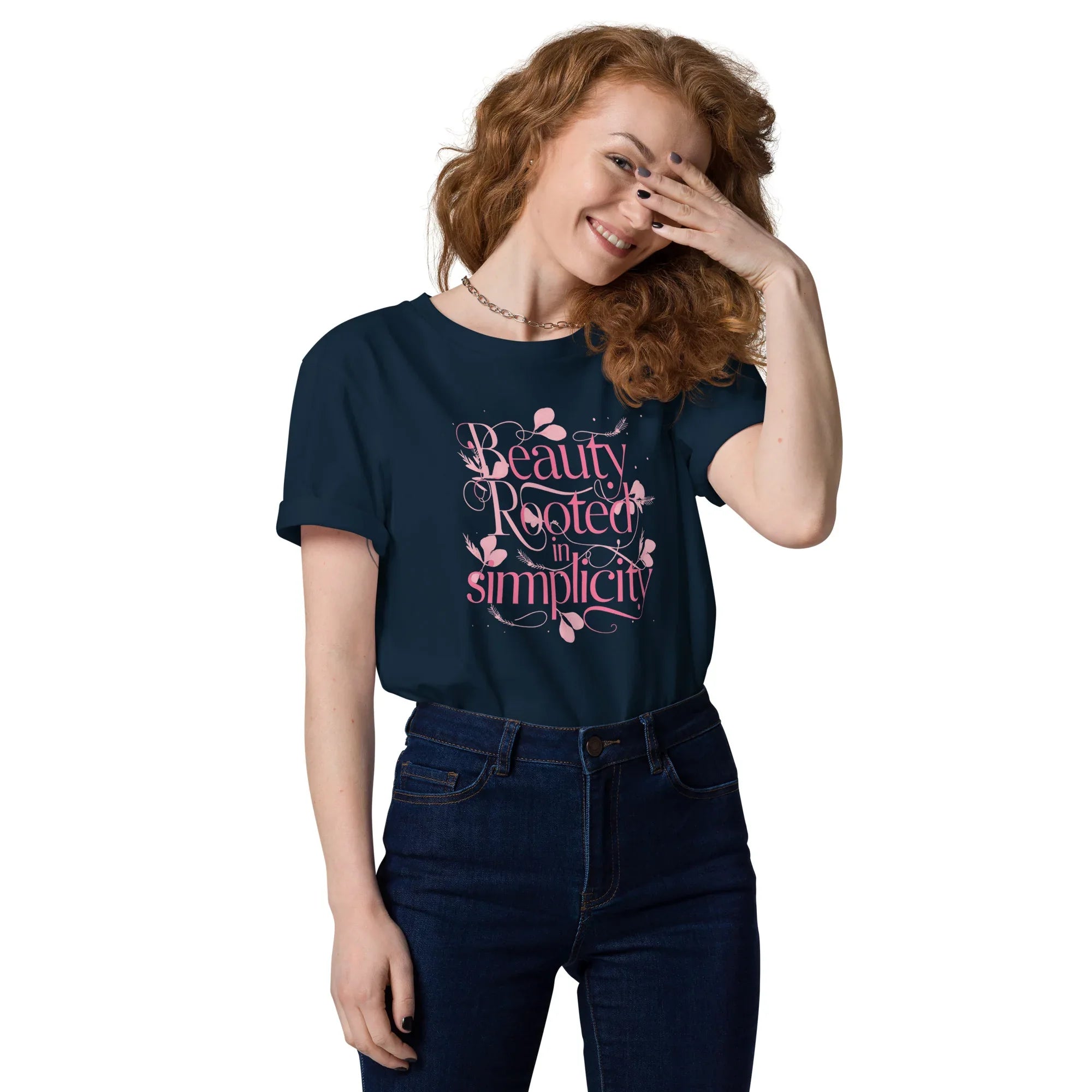 Women's Organic Cotton T-Shirt | Beauty Rooted In Simplicity French Navy T-Shirt AwRans Clothing unisex-organic-cotton-t-shirt-french-navy-front-67b198226f751