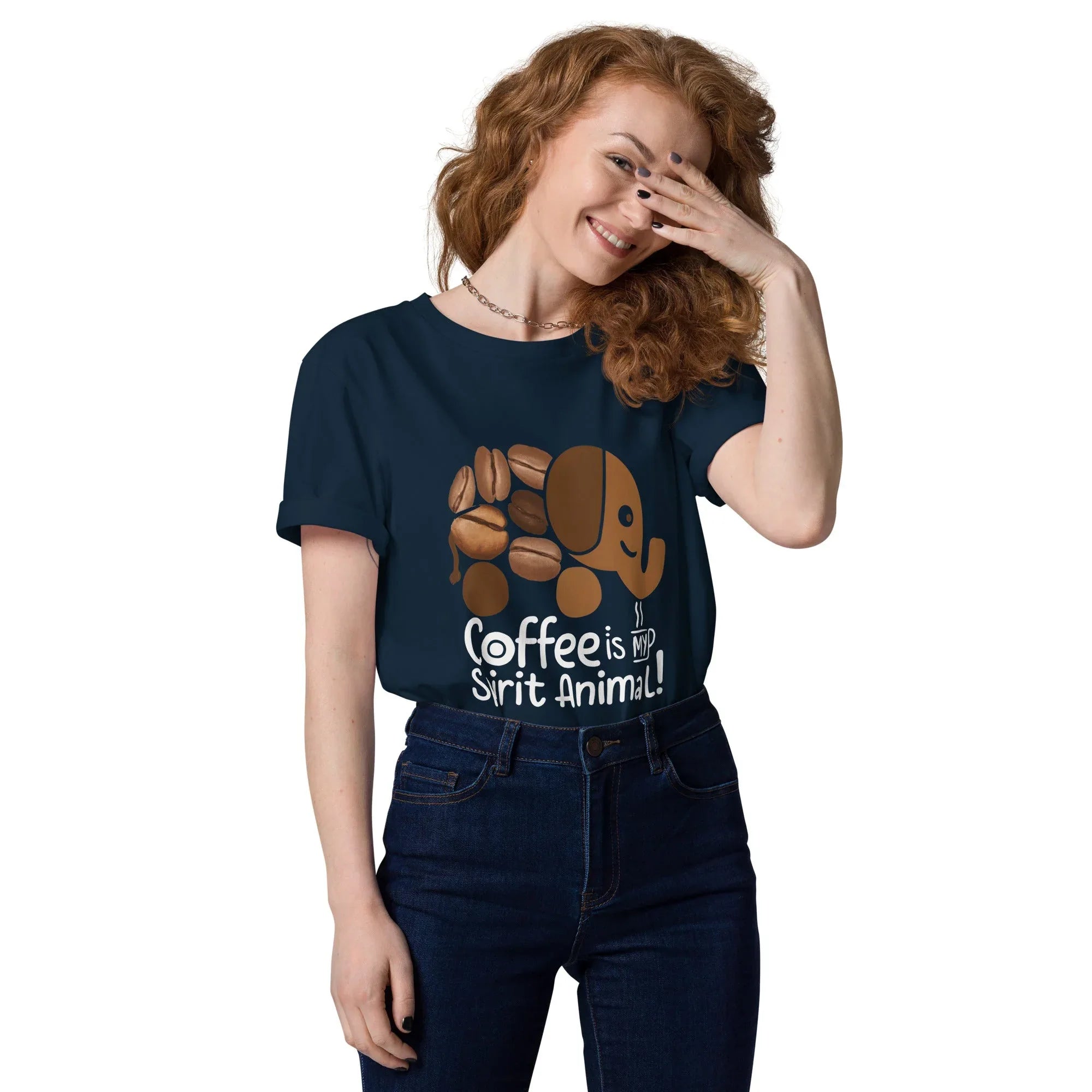 Unisex | Coffee Is My Spirit Animal Organic Cotton T-Shirt French Navy T-Shirt AwRans Clothing unisex-organic-cotton-t-shirt-french-navy-front-681682c3b7627
