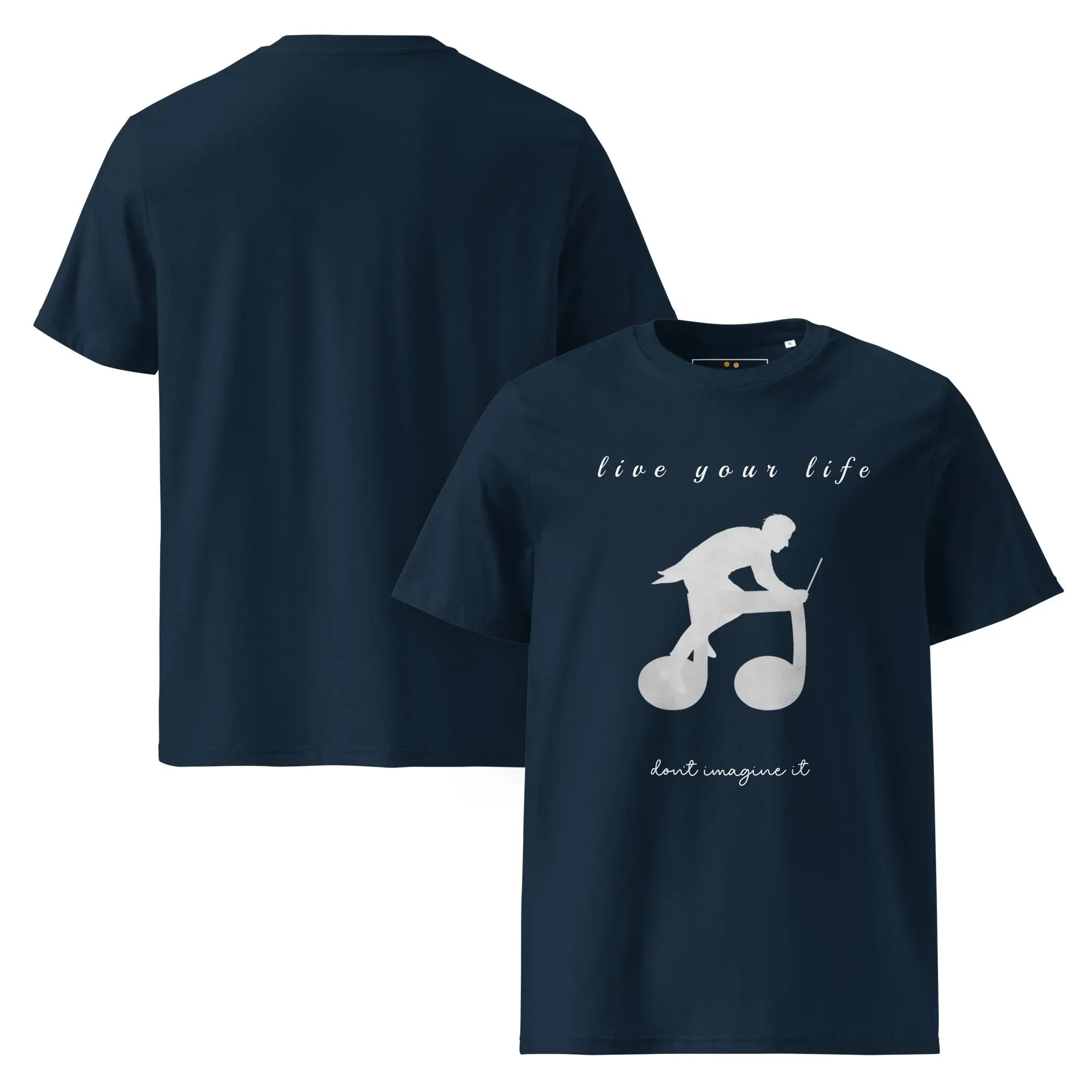 Unisex Organic Cotton T-Shirt | Live Your Life Don’t Imagine It T-Shirt AwRans Clothing unisex-organic-cotton-t-shirt-french-navy-front-and-back-6815eaa20a6b4