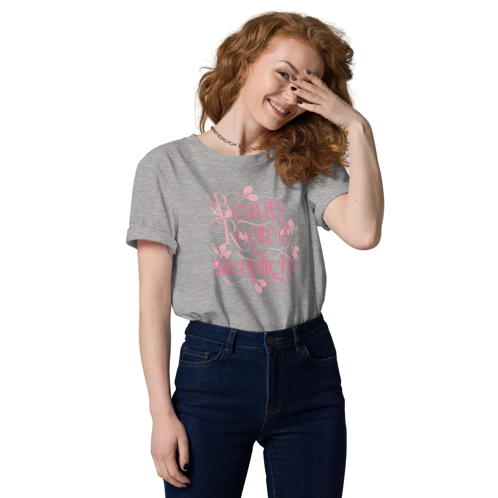 Women's Organic Cotton T-Shirt | Beauty Rooted In Simplicity Heather Grey T-Shirt AwRans Clothing unisex-organic-cotton-t-shirt-heather-grey-front-67b19822a9d7f