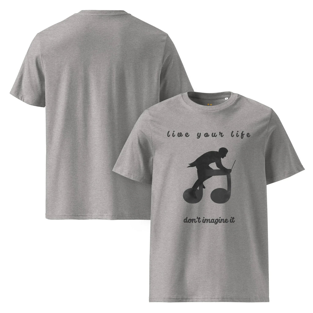 Unisex Organic Cotton T-Shirt | Live Your Life Don’t Imagine It T-Shirt AwRans Clothing unisex-organic-cotton-t-shirt-heather-grey-front-and-back-6815fdfec47b0
