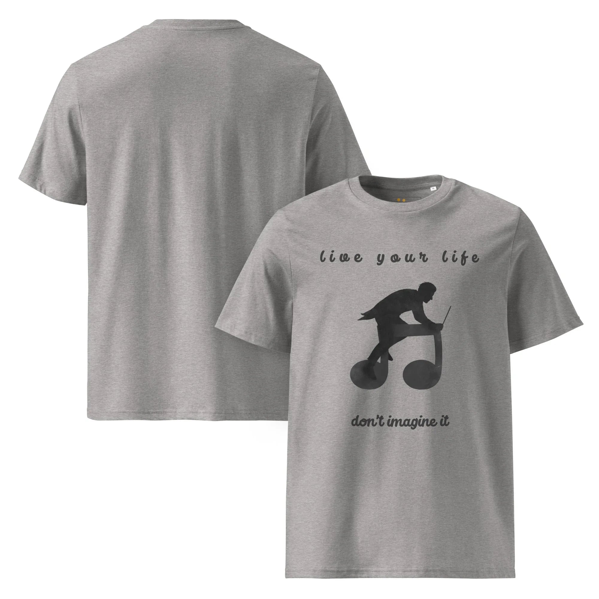 Unisex Organic Cotton T-Shirt | Live Your Life Don’t Imagine It T-Shirt AwRans Clothing unisex-organic-cotton-t-shirt-heather-grey-front-and-back-6815fdfec47b0