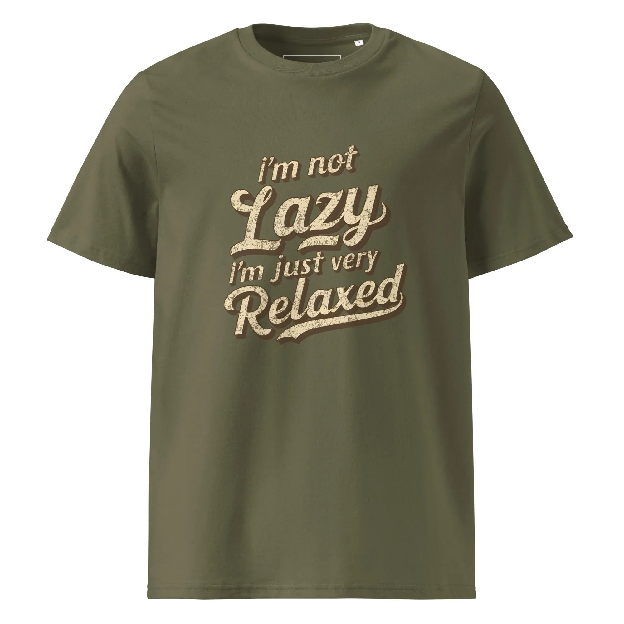 Unisex | I'm Not Lazy I'm Just Relaxed Organic Cotton T-Shirt Khaki T-Shirt AwRans Clothing unisex-organic-cotton-t-shirt-khaki-front-665d2fc4bac2f
