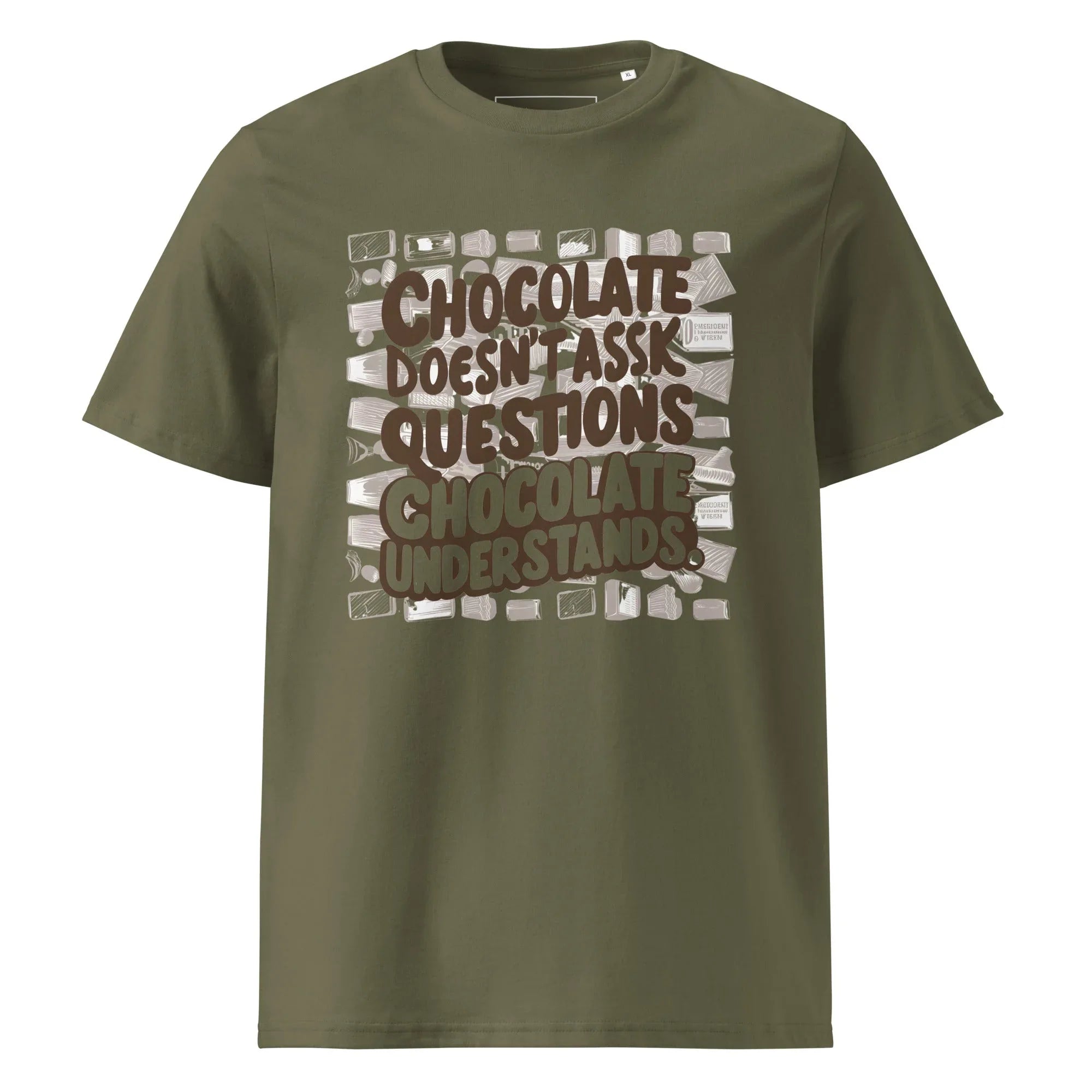 Unisex | Chocolate Doesn't Ask Questions Chocolate Understands Organic Cotton T-Shirt Khaki T-Shirt AwRans Clothing unisex-organic-cotton-t-shirt-khaki-front-665d3699a506c