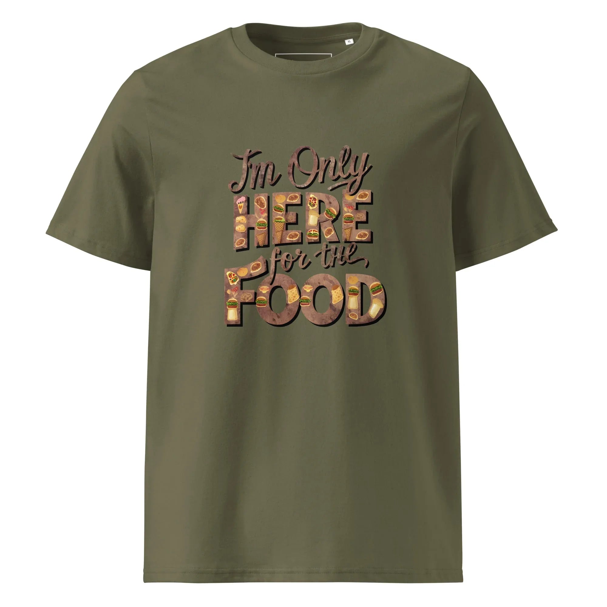 Unisex | I'm Only Here For The Food - Organic Cotton T-Shirt Khaki T-Shirt AwRans Clothing unisex-organic-cotton-t-shirt-khaki-front-665e73ed59398