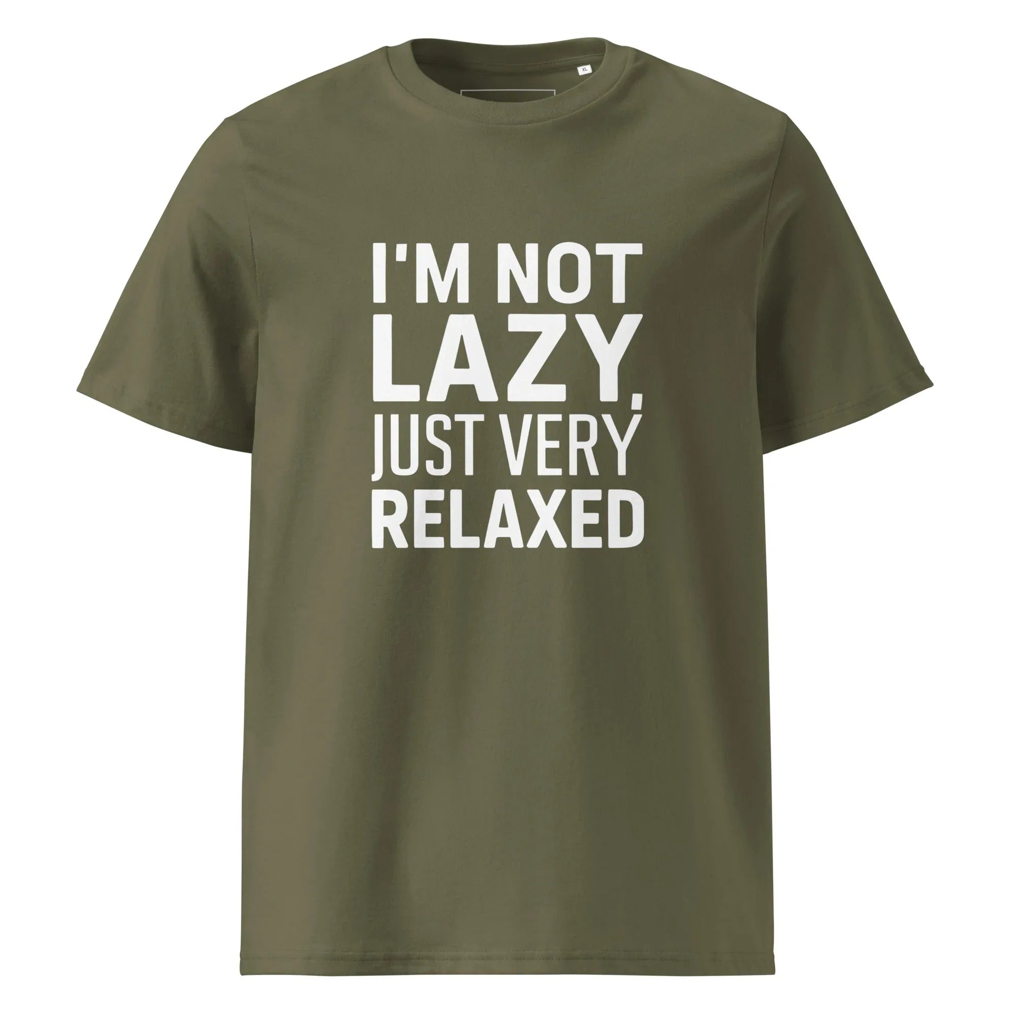 Unisex | I'm Not Lazy I'm Just Very Relaxed - Organic Cotton T-Shirt Khaki T-Shirt AwRans Clothing unisex-organic-cotton-t-shirt-khaki-front-6663eb03bcd41