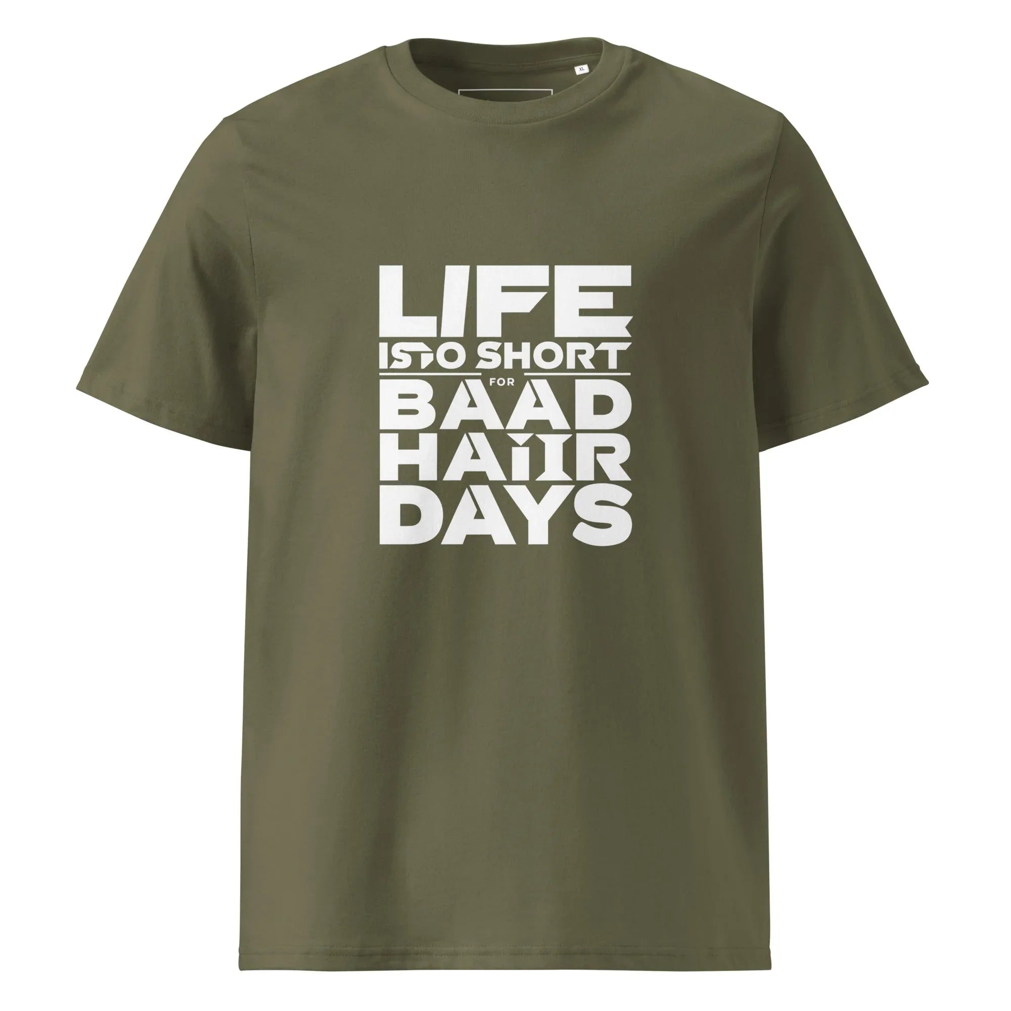 Unisex | Life Is Too Short For For Bad Hair Days! Organic Cotton T-Shirt Khaki T-Shirt AwRans Clothing unisex-organic-cotton-t-shirt-khaki-front-66658ae70633c
