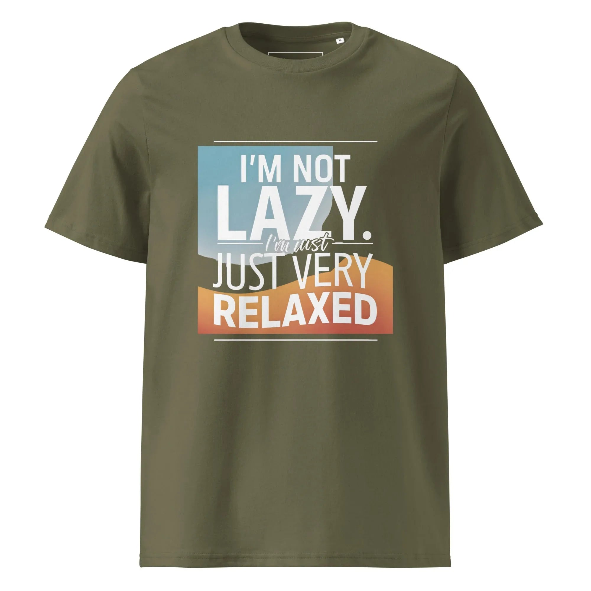 Unisex | I'm Not Lazy I'm Just Relaxed Organic Cotton T-Shirt Khaki T-Shirt AwRans Clothing unisex-organic-cotton-t-shirt-khaki-front-6665a6635026f