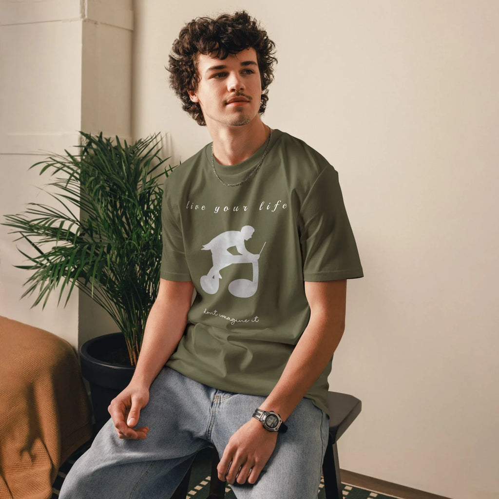 Unisex Organic Cotton T-Shirt | Live Your Life Don’t Imagine It T-Shirt AwRans Clothing unisex-organic-cotton-t-shirt-khaki-front-6815eaa249ecd