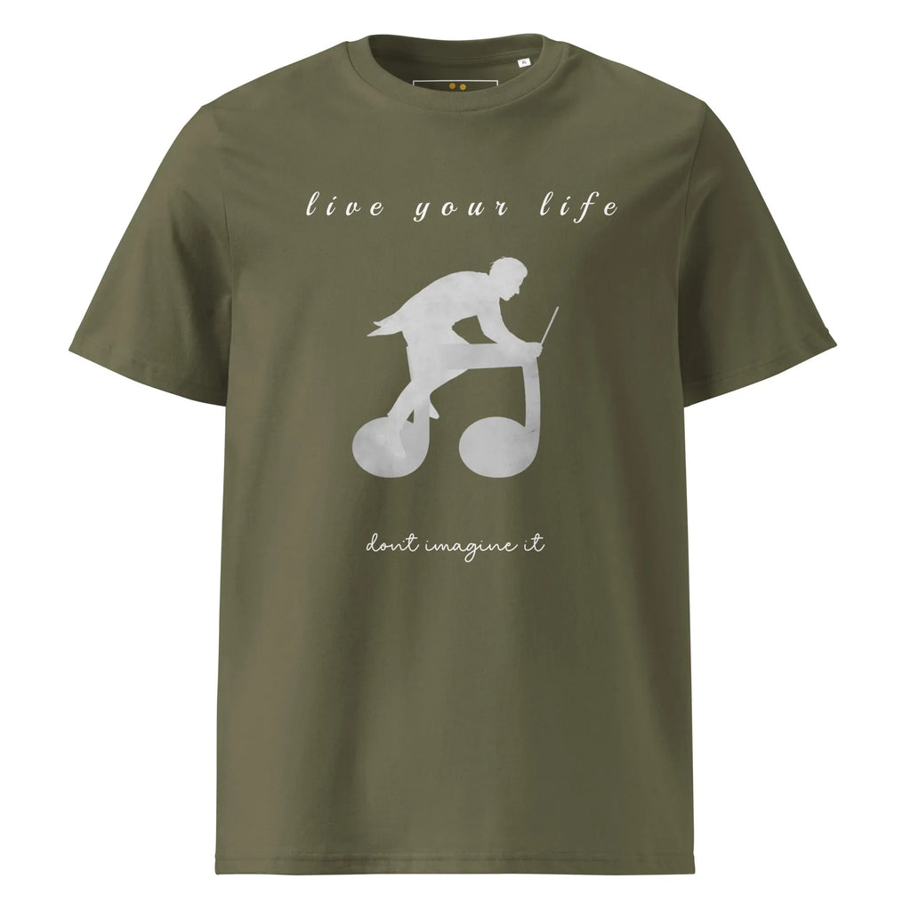 Unisex Organic Cotton T-Shirt | Live Your Life Don’t Imagine It T-Shirt AwRans Clothing unisex-organic-cotton-t-shirt-khaki-front-6815eaa254137