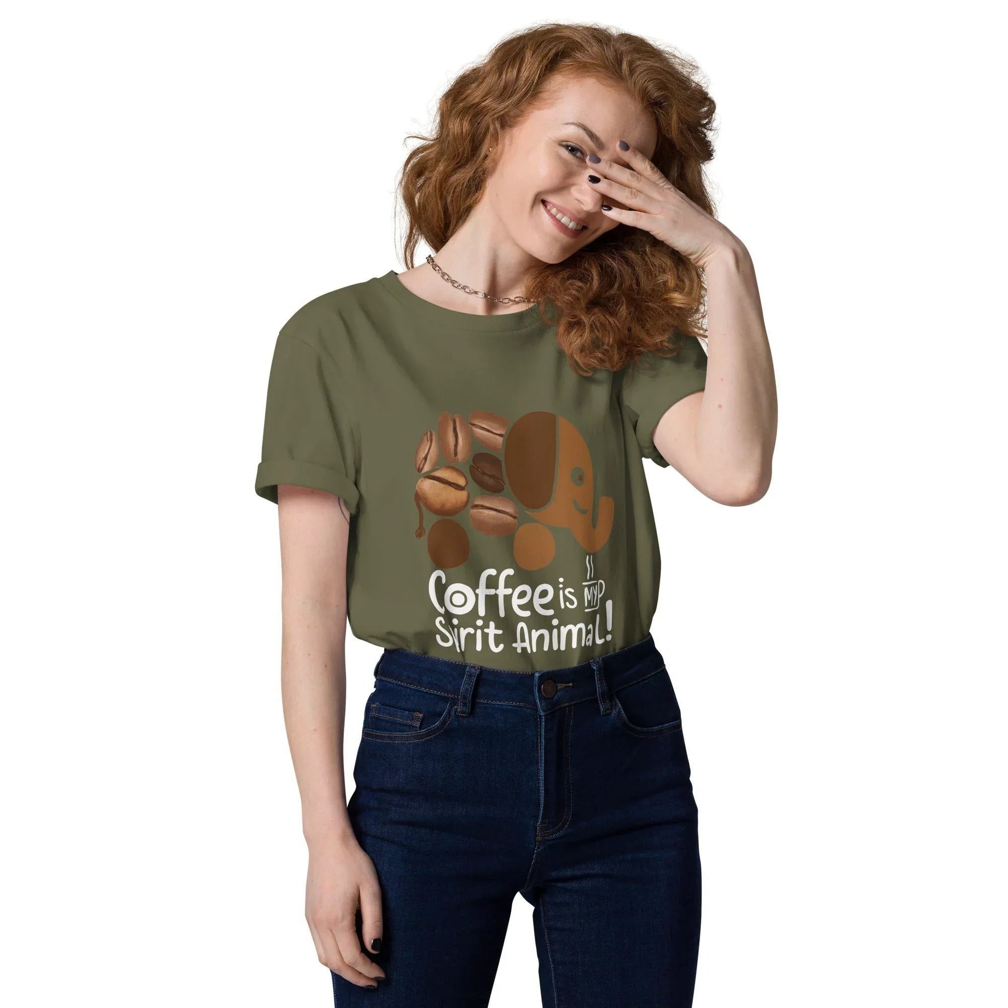 Unisex | Coffee Is My Spirit Animal Organic Cotton T-Shirt Khaki T-Shirt AwRans Clothing unisex-organic-cotton-t-shirt-khaki-front-681682c3e08b6