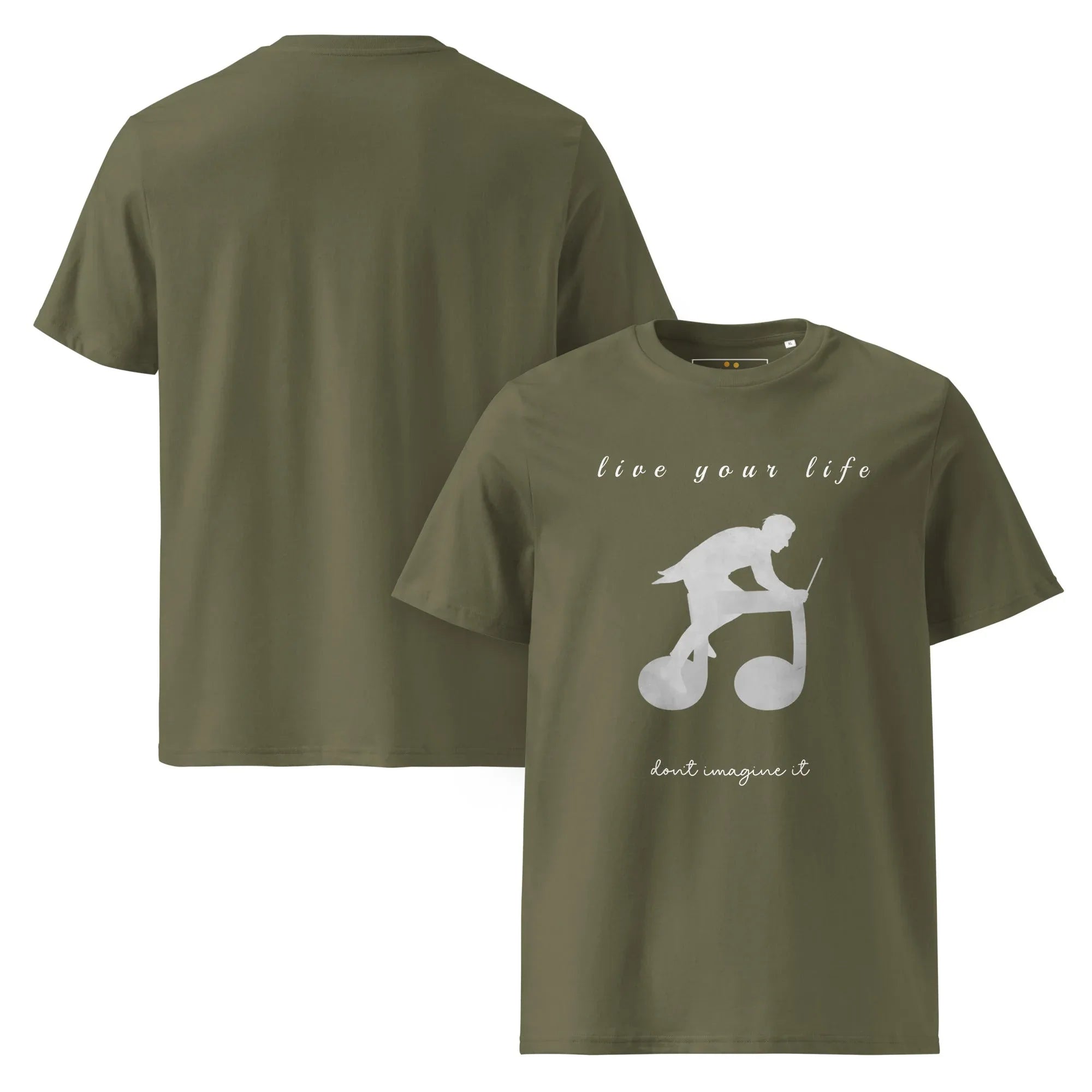 Unisex Organic Cotton T-Shirt | Live Your Life Don’t Imagine It T-Shirt AwRans Clothing unisex-organic-cotton-t-shirt-khaki-front-and-back-6815eaa24f065