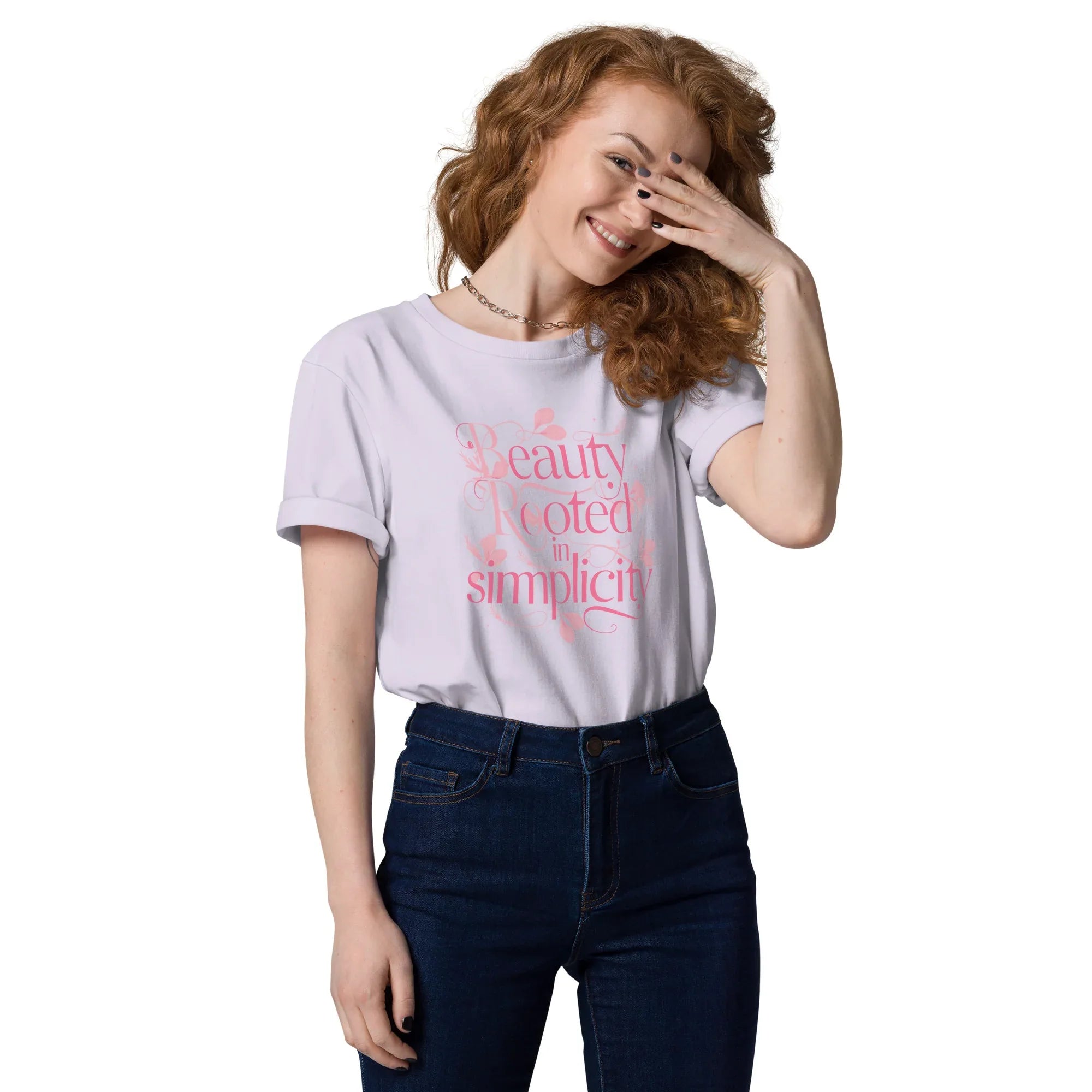 Women's Organic Cotton T-Shirt | Beauty Rooted In Simplicity Lavender T-Shirt AwRans Clothing unisex-organic-cotton-t-shirt-lavender-front-67b19822e2f58