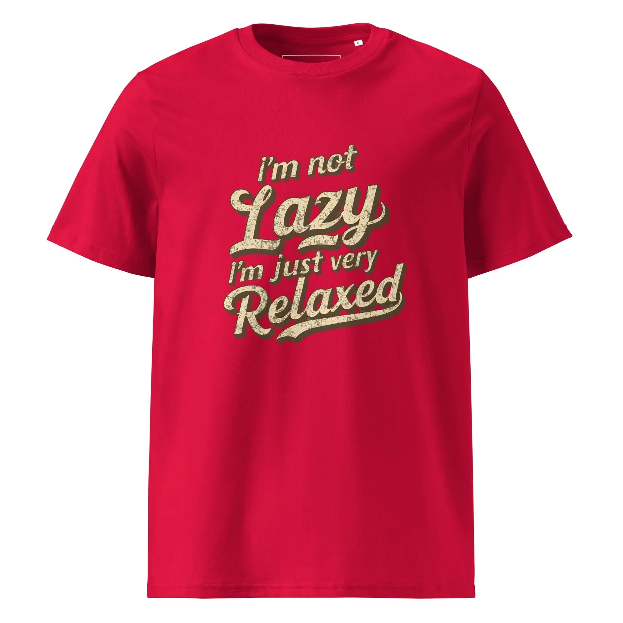 Unisex | I'm Not Lazy I'm Just Relaxed Organic Cotton T-Shirt Red T-Shirt AwRans Clothing unisex-organic-cotton-t-shirt-red-front-665d2fc490e67