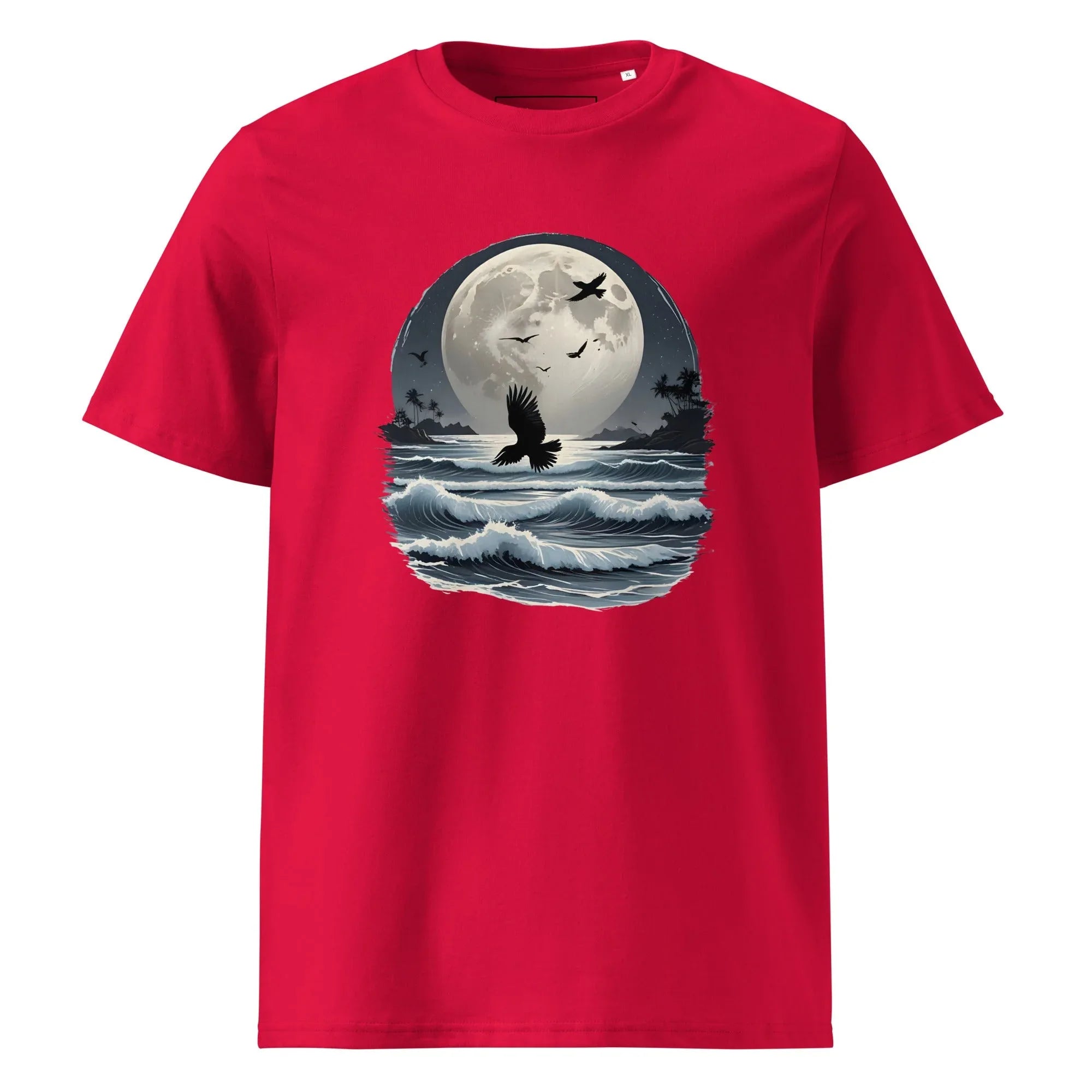 Unisex | Moonlight, Crow, Beach - Organic Cotton T-Shirt Red T-Shirt AwRans Clothing unisex-organic-cotton-t-shirt-red-front-6663f47b19822