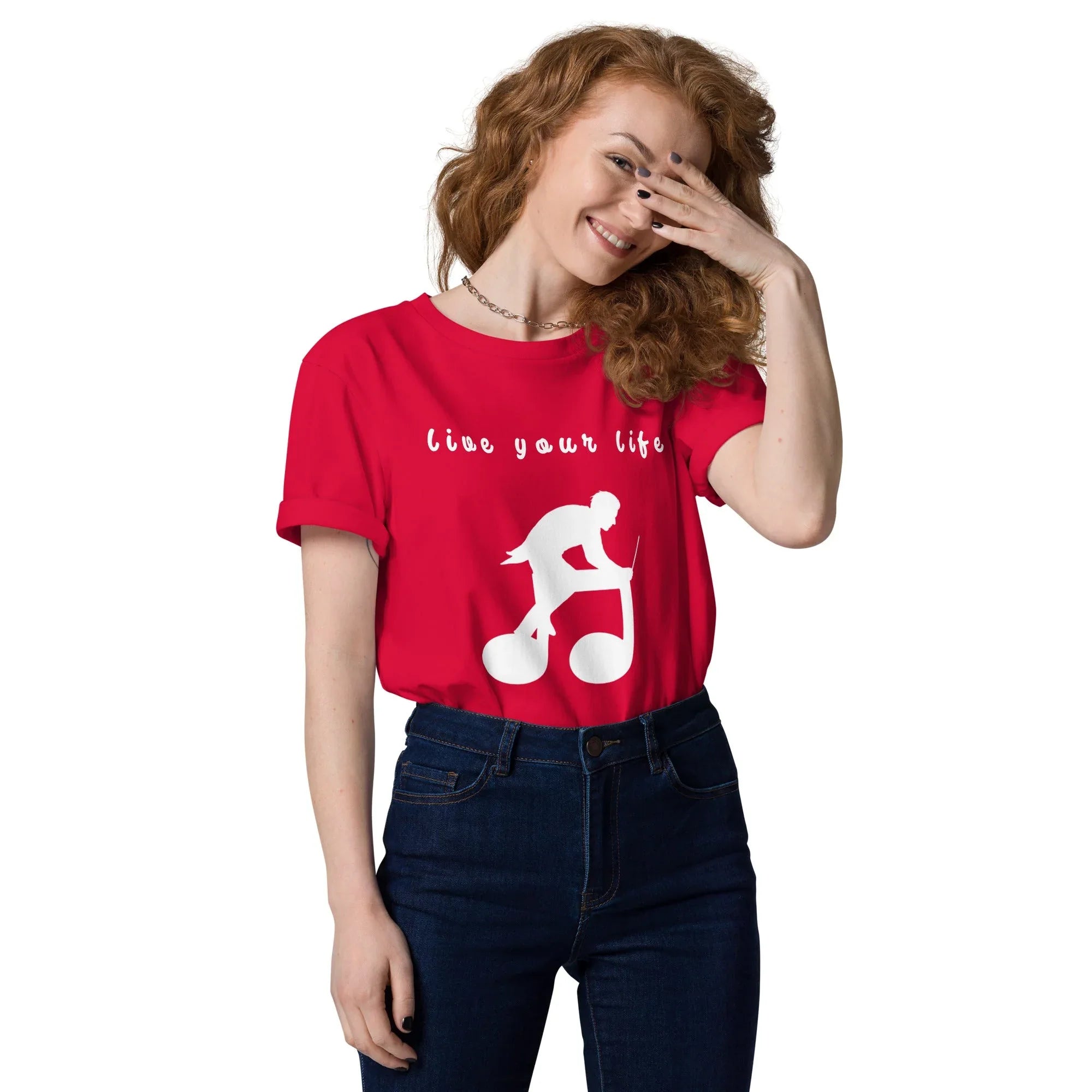 Unisex Organic Cotton T-Shirt | Live Your Life Don’t Imagine It Red T-Shirt AwRans Clothing unisex-organic-cotton-t-shirt-red-front-6815ee0b83c76