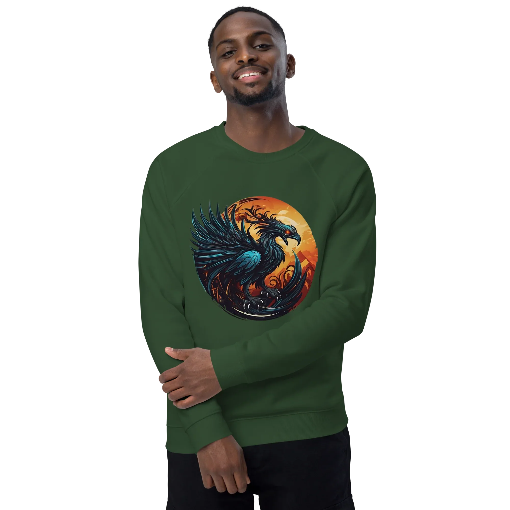 Unisex | Phoenix Organic Raglan Sweatshirt Sweatshirt AwRans Clothing unisex-organic-raglan-sweatshirt-bottle-green-front-2-66231d5a02953