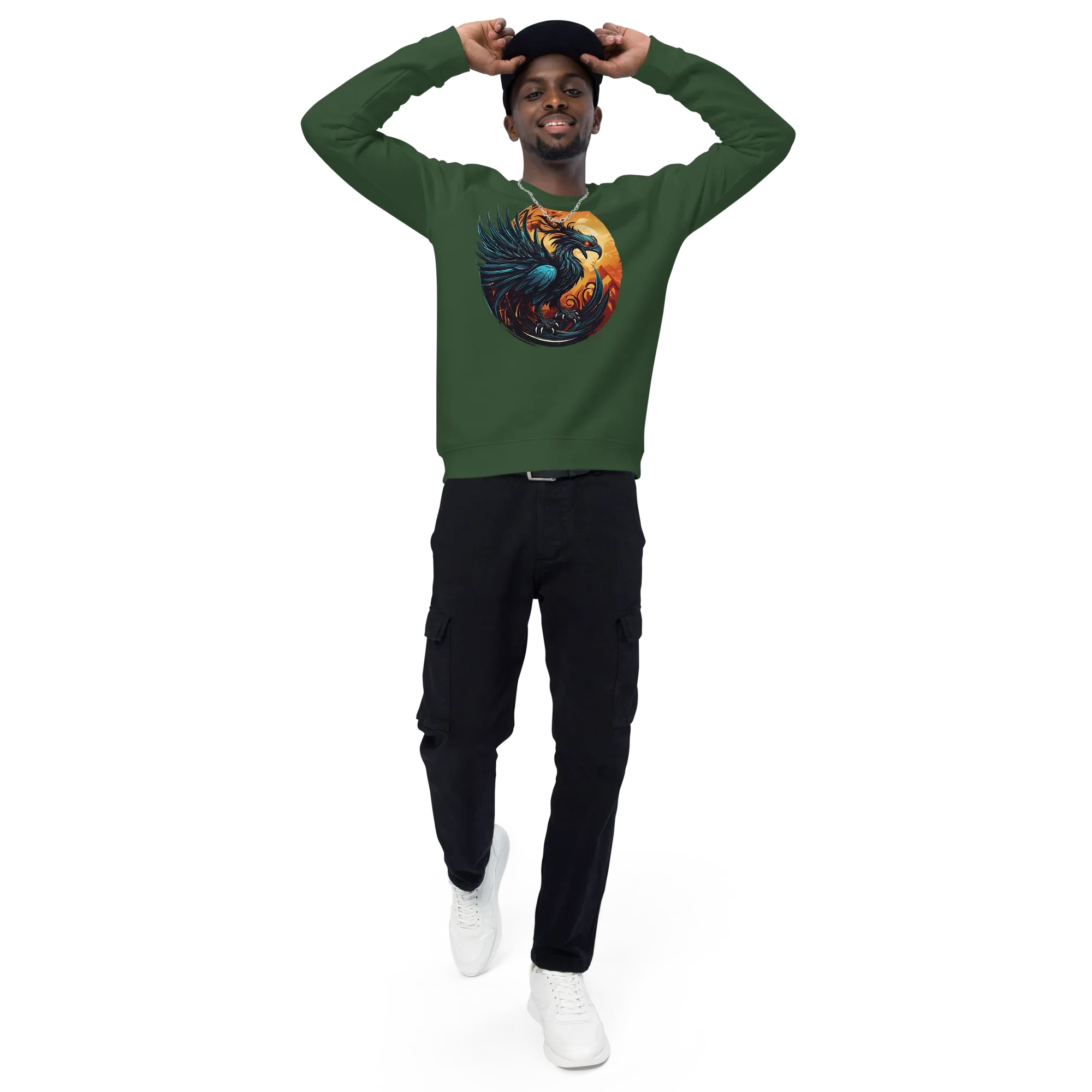 Unisex | Phoenix Organic Raglan Sweatshirt Sweatshirt AwRans Clothing unisex-organic-raglan-sweatshirt-bottle-green-front-3-66231d5a030ce