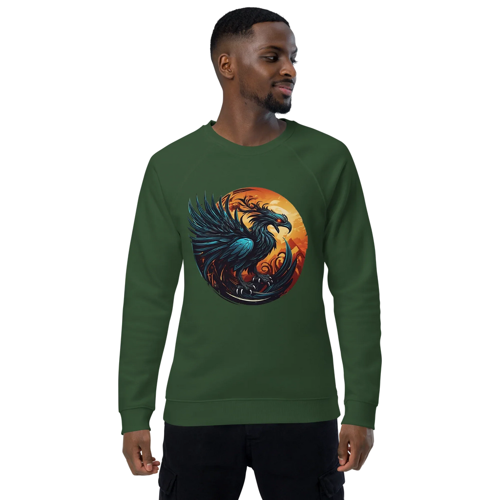 Unisex | Phoenix Organic Raglan Sweatshirt Sweatshirt AwRans Clothing unisex-organic-raglan-sweatshirt-bottle-green-front-66231d5a01a54